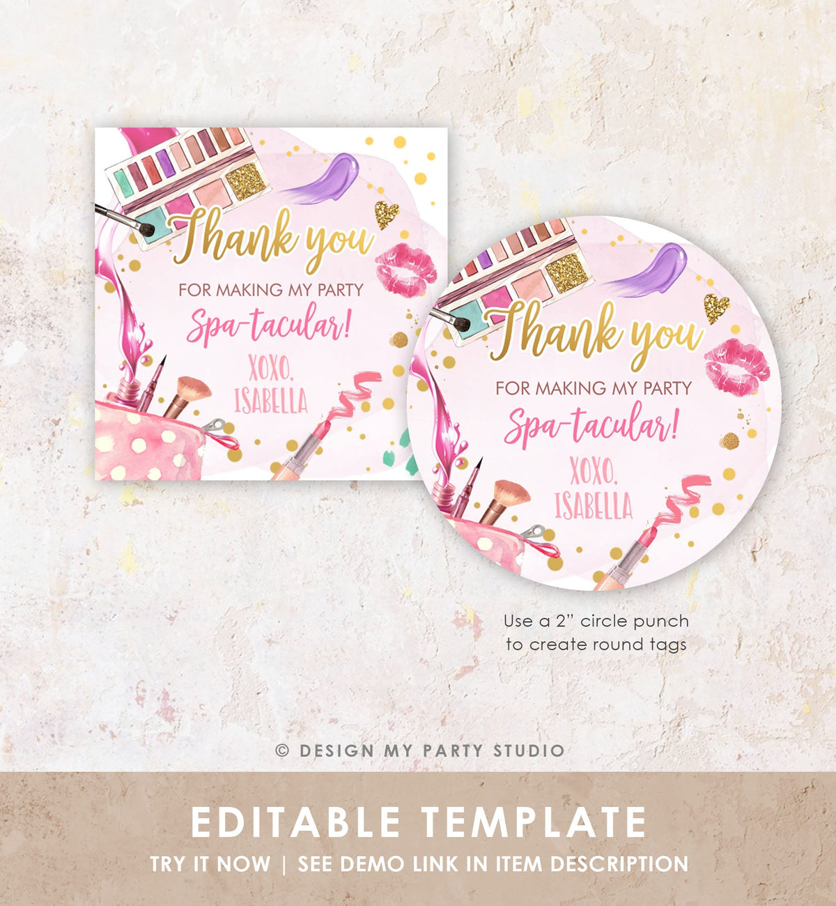 Editable Spa Party Favor Tags Glamour Party Thank You Tags Spa Birthday Girl Make up Party Glam Pink Gift Tag Digital Corjl Template 0420