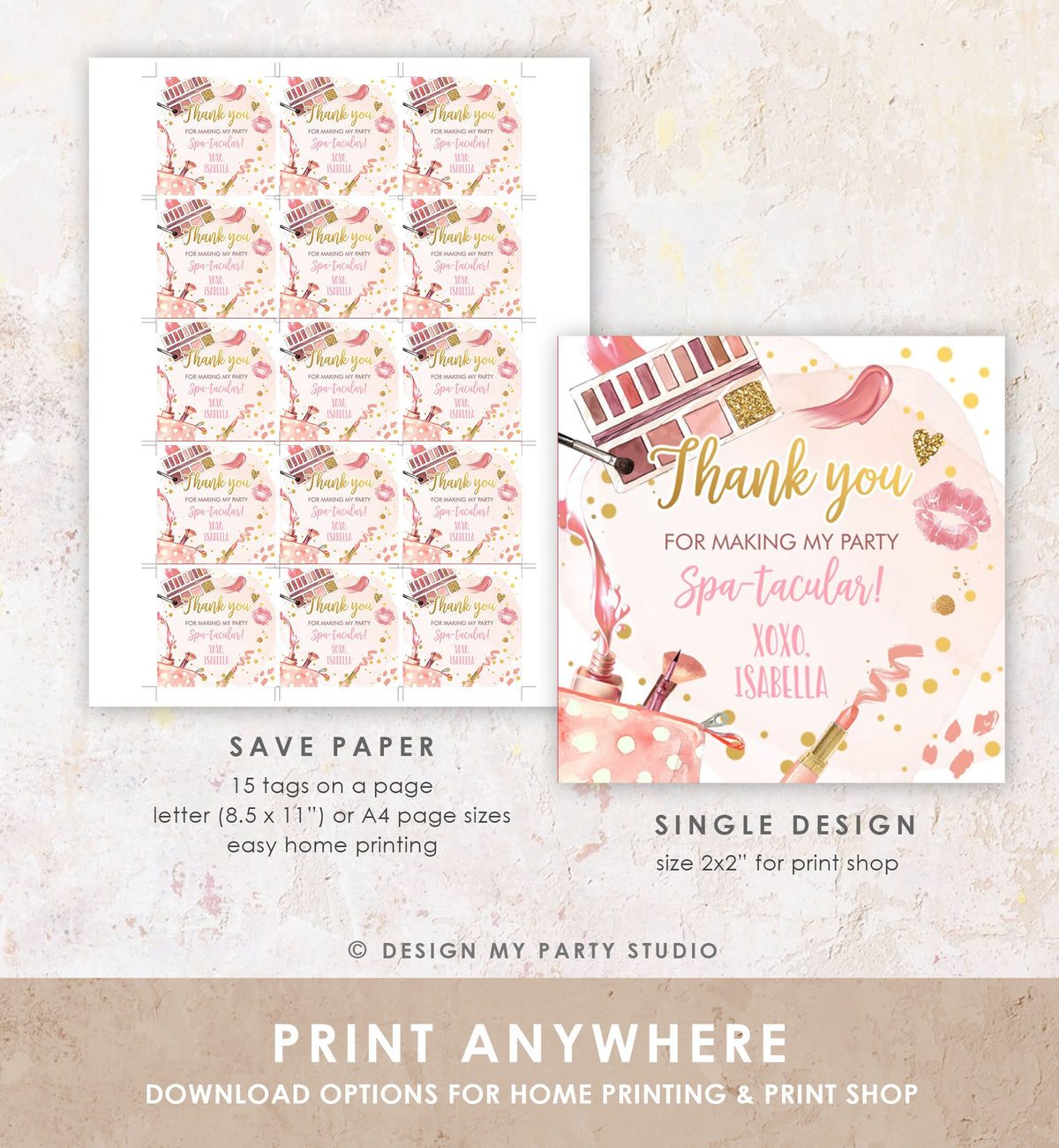 Editable Spa Party Favor Tags Glamour Party Thank You Tags Spa Birthday Girl Make up Party Glam Pink Gift Tag Digital Corjl Template 0420