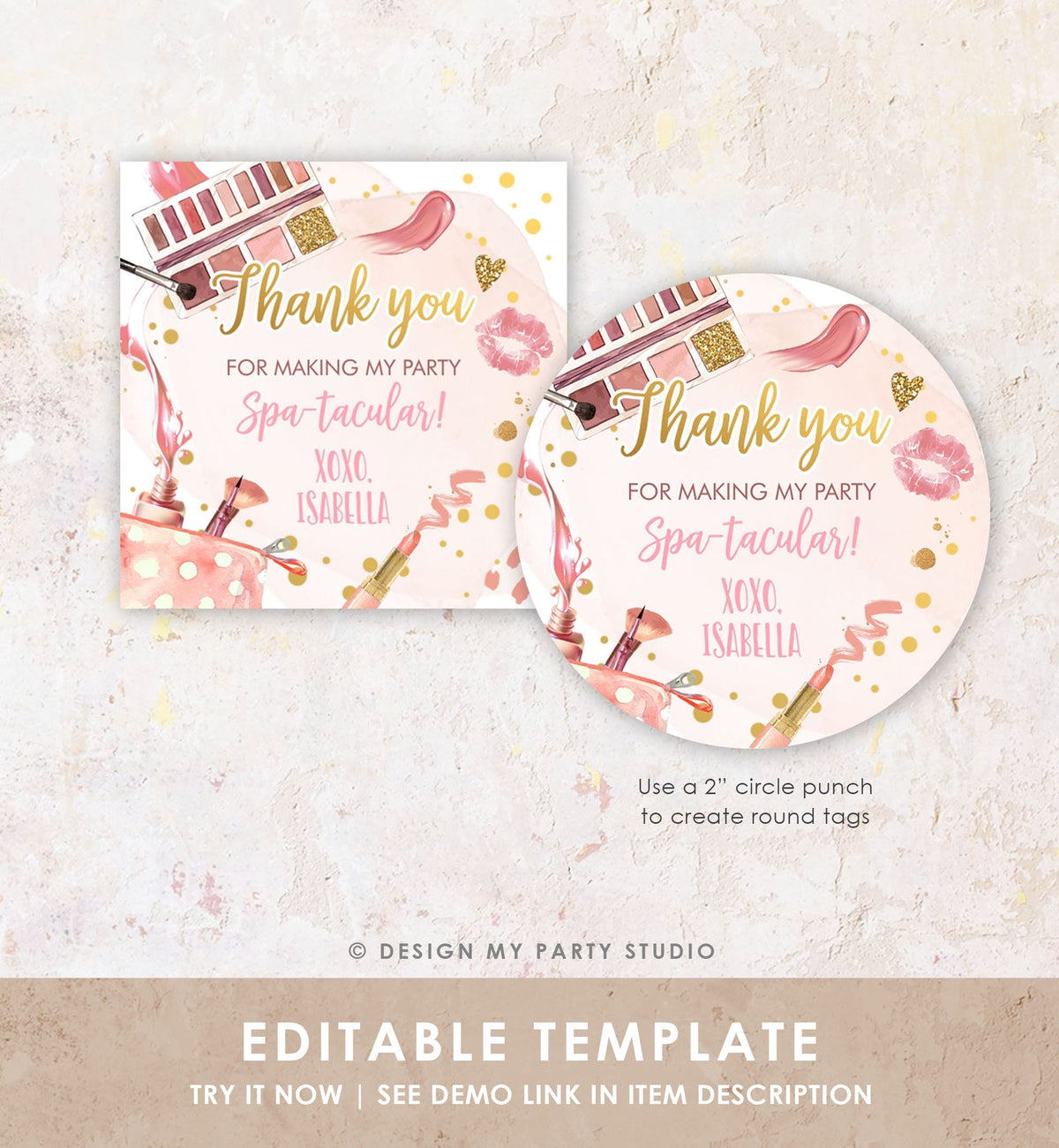 Editable Spa Party Favor Tags Glamour Party Thank You Tags Spa Birthday Girl Make up Party Glam Pink Gift Tag Digital Corjl Template 0420