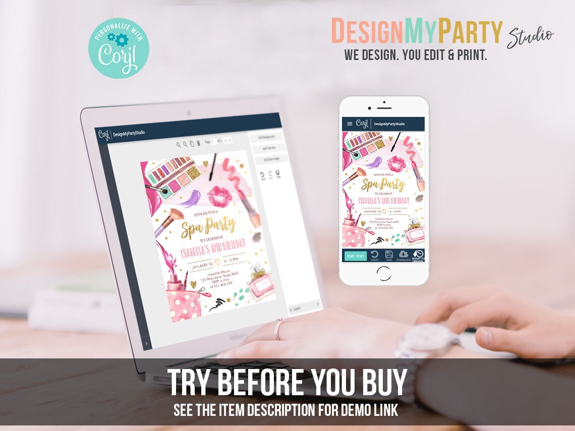 Spa Party Birthday Invitation Bundle Glitters and Glamour Make Up Fashion Birthday Party Girl Kit Package Corjl Template Printable 0420