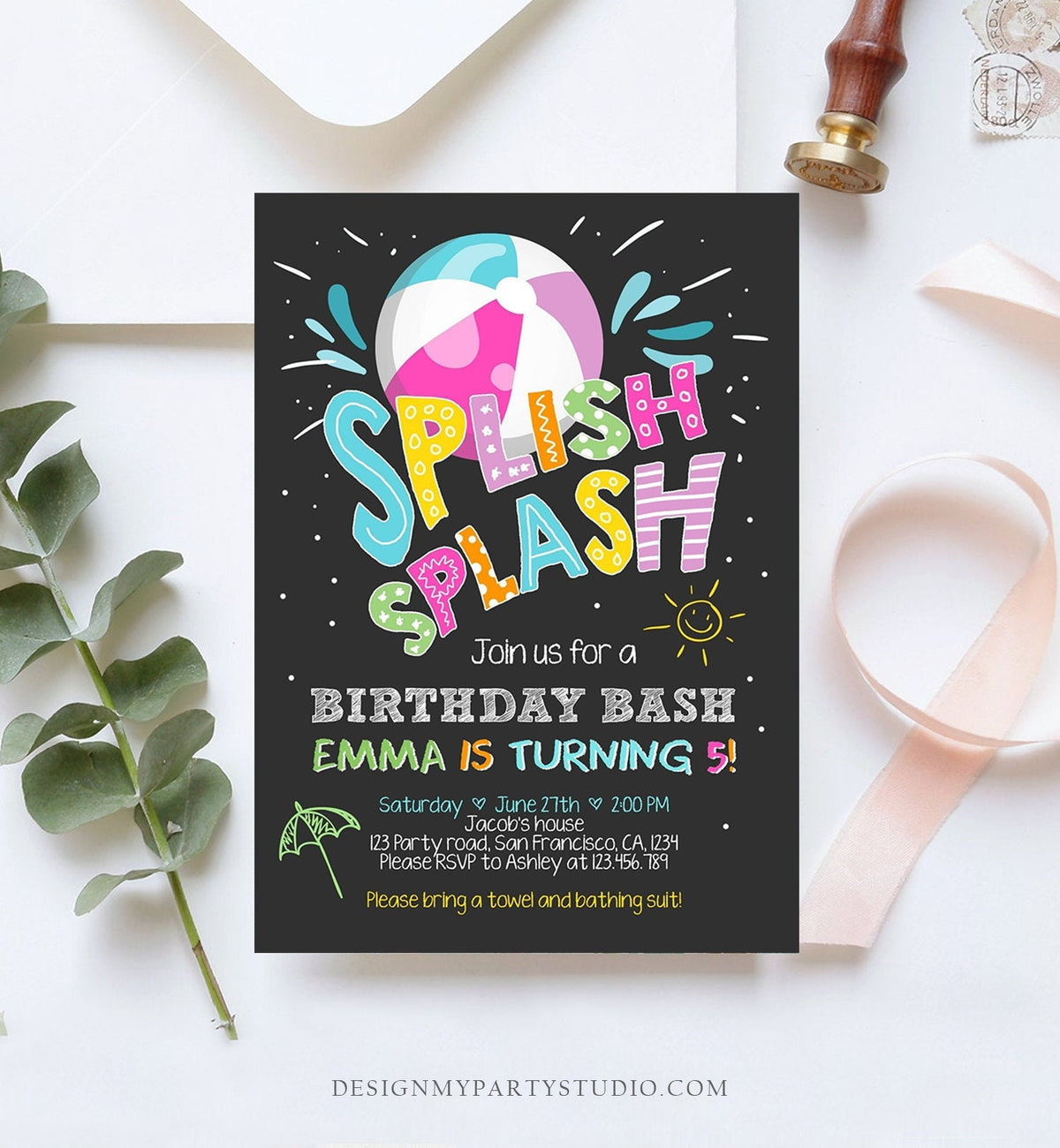 Editable Splish Splash Birthday Invitation Pool Party Beach Ball Pink Girl Birthday Bash Download Printable Invite Template Corjl 0169