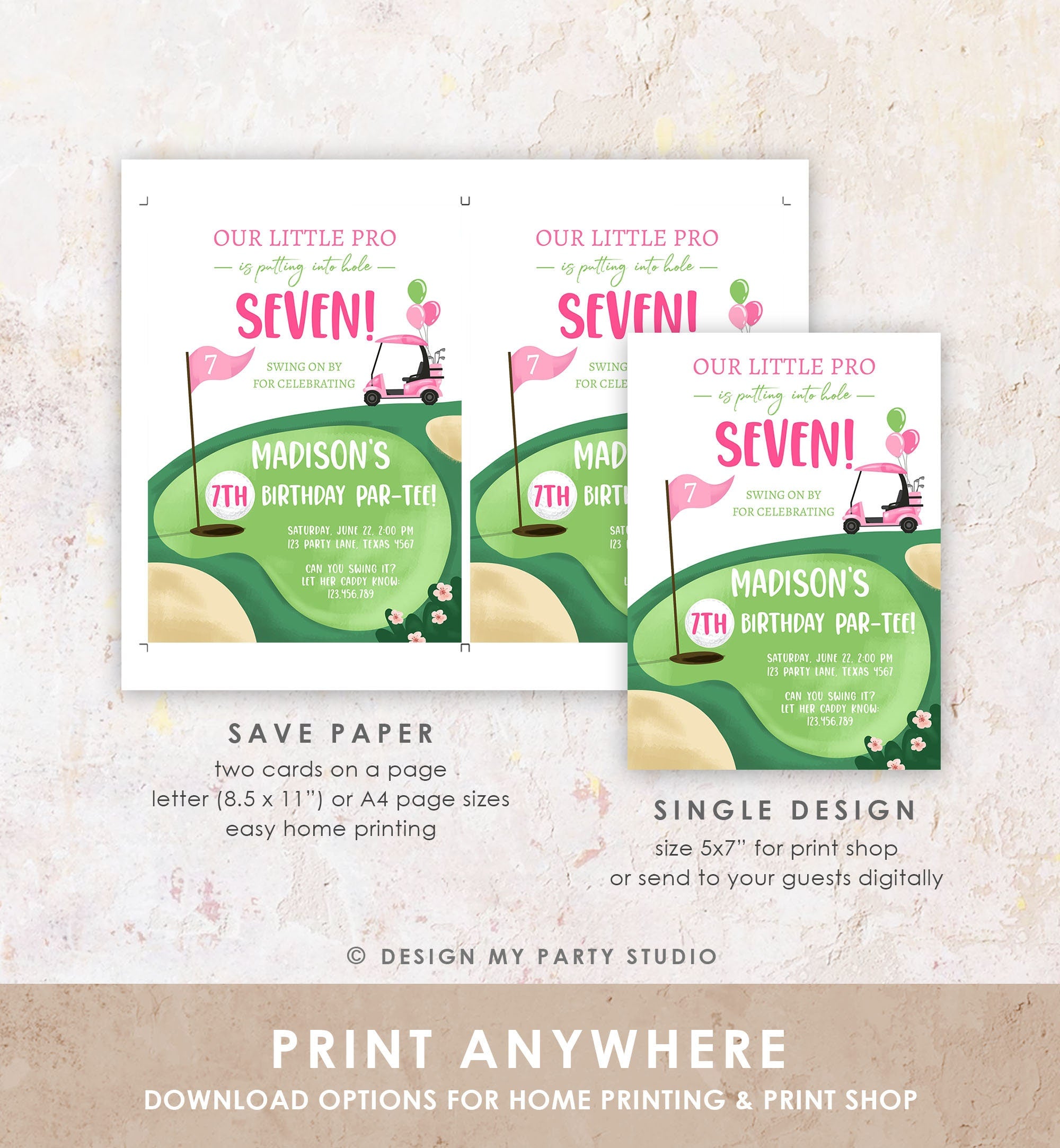 Editable Little Golf Pro Birthday Invitation Par-tee Swinging By ANY AGE Girl Cart Golfing Digital Download Evite Template Printable 0405