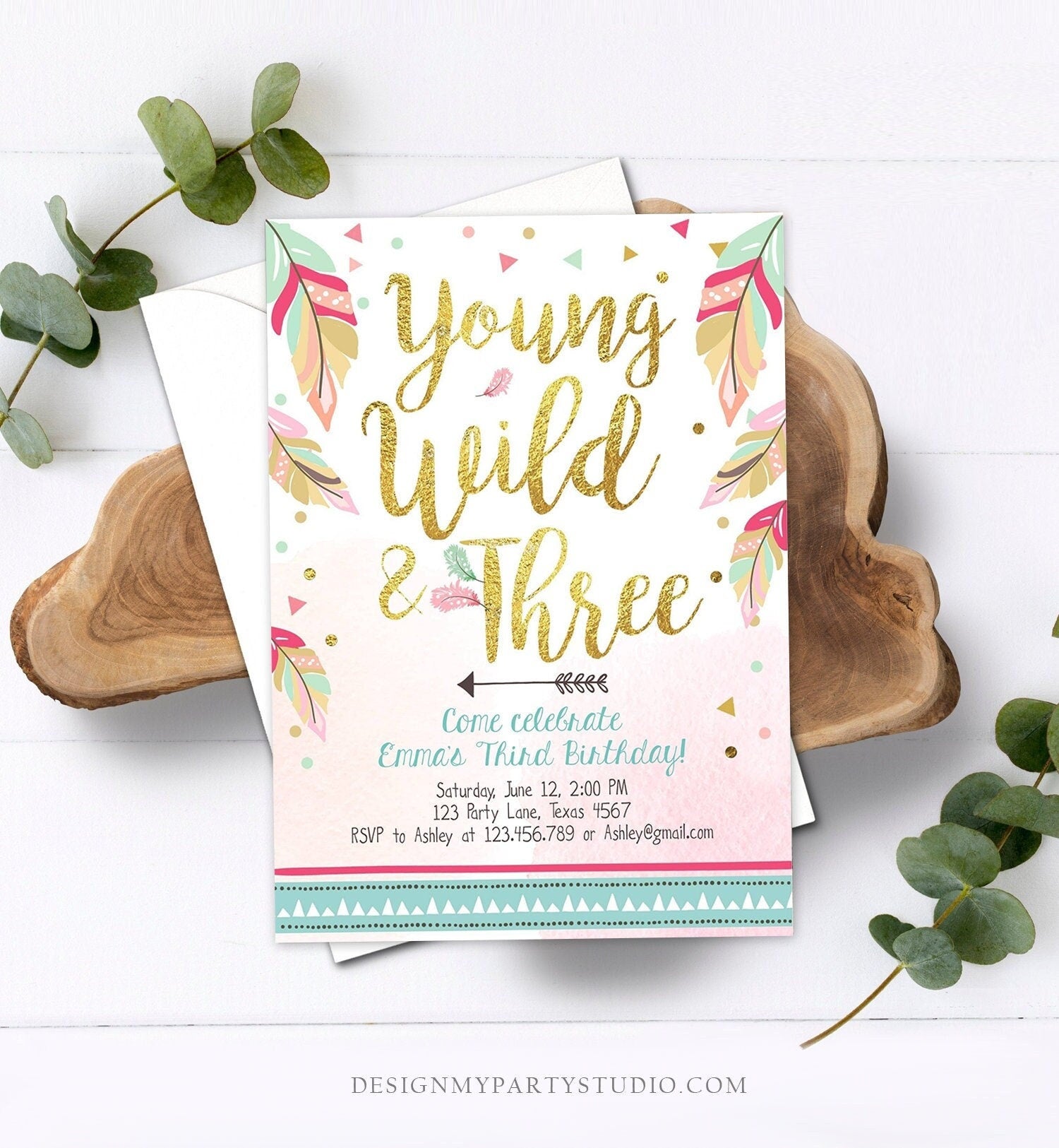 Editable Young Wild and Three Invitation Tribal Boho Feathers Girl Pink Gold Third 3rd Birthday Digital Download Template Printable 0038