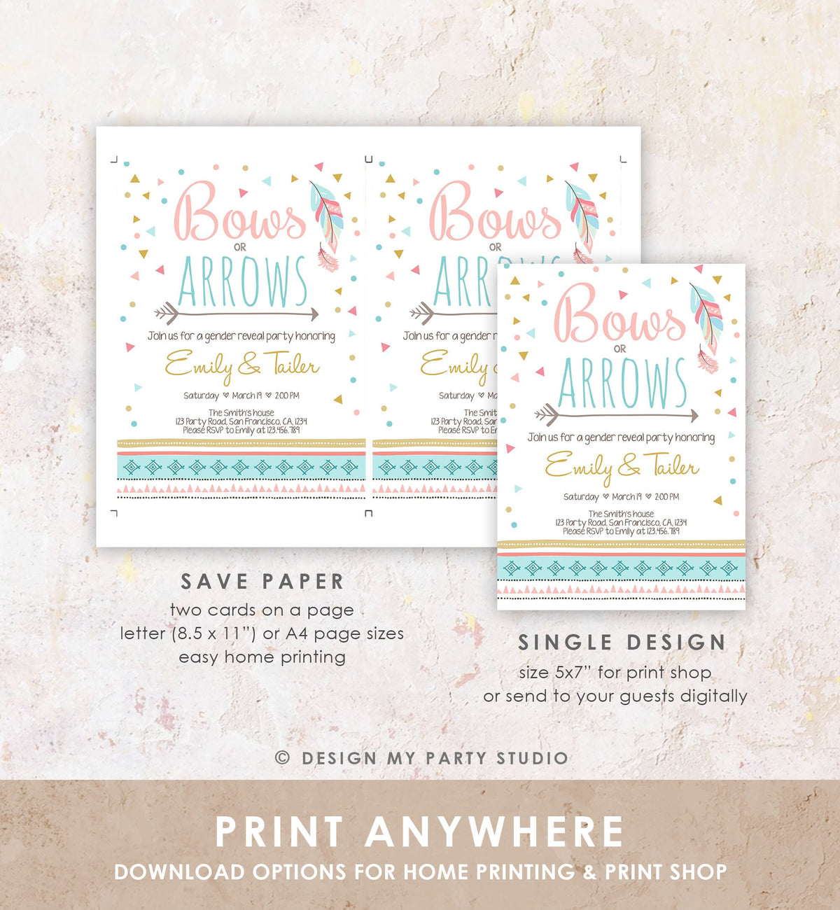 Editable Bows or Arrows Gender Reveal Invitation Tribal Boy or Girl He or She Blue Pink Digital Download Corjl Template Printable 0284