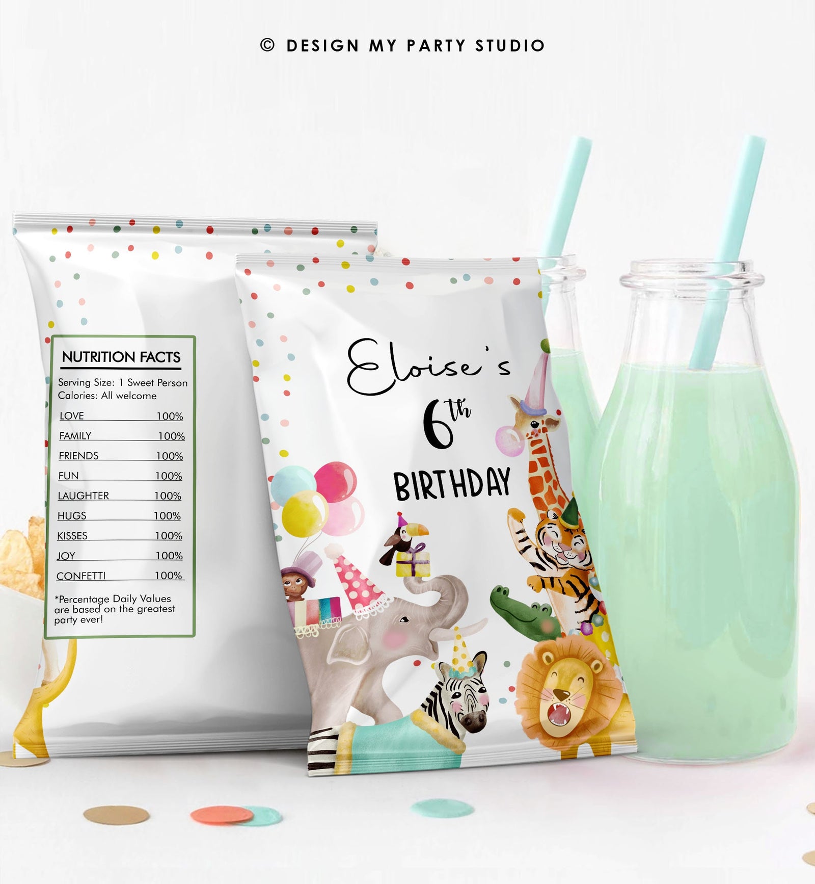 Editable Party Animals Birthday Chip Bag Wild One Decor Boy Girl Safari Animals Snack Favors Zoo Wild Three Digital Template Printable 0482