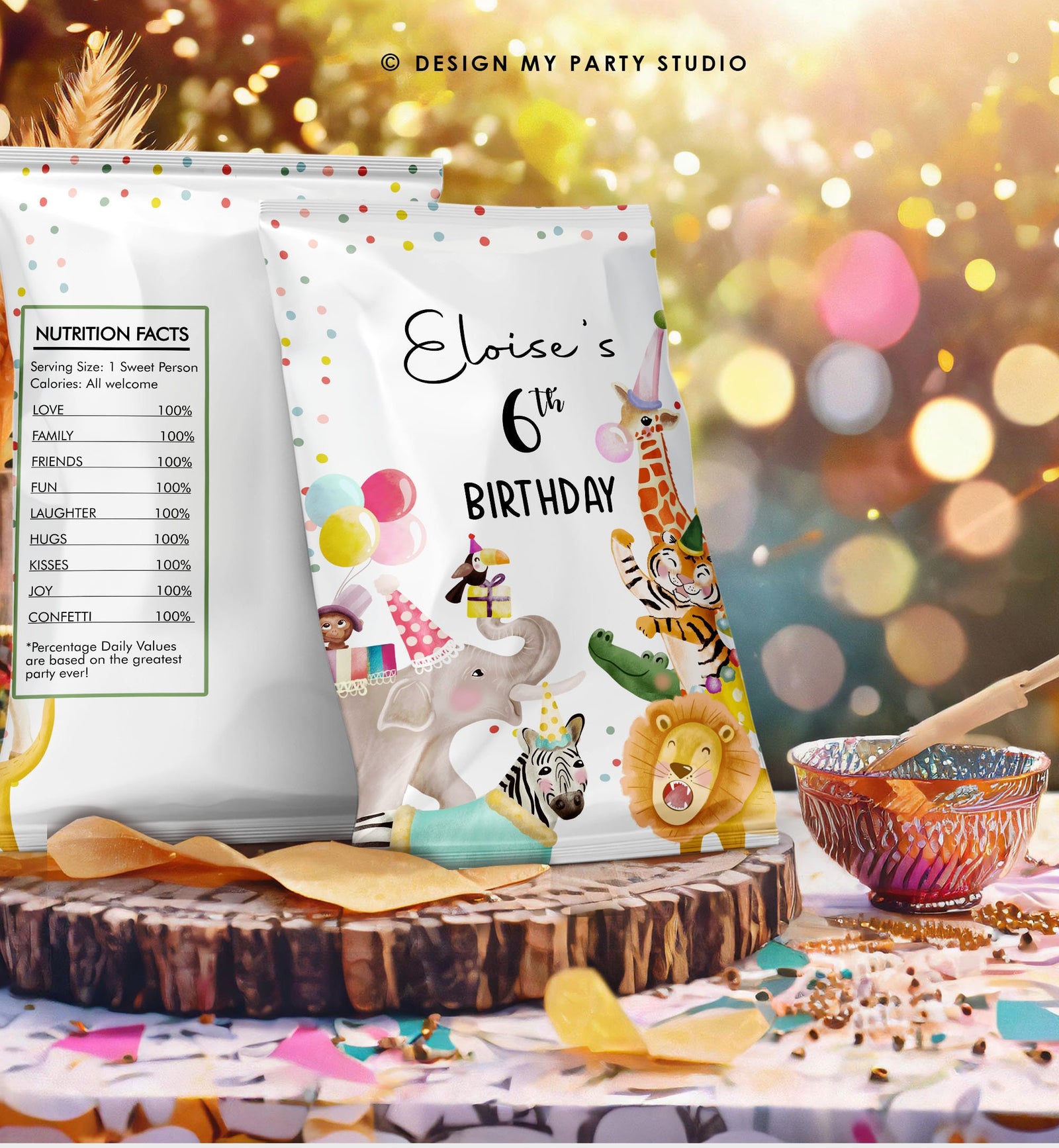 Editable Party Animals Birthday Chip Bag Wild One Decor Boy Girl Safari Animals Snack Favors Zoo Wild Three Digital Template Printable 0482