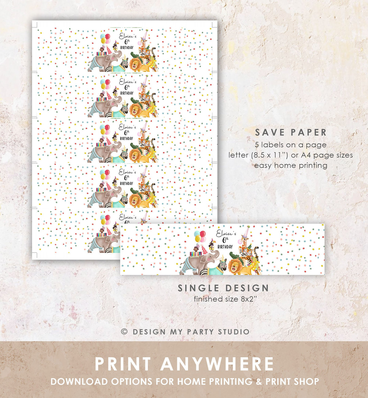 Editable Water Bottle Labels Party Animals Birthday Wild One Birthday Decor Safari Animals Bottle Wrapper Digital Template Printable 0482