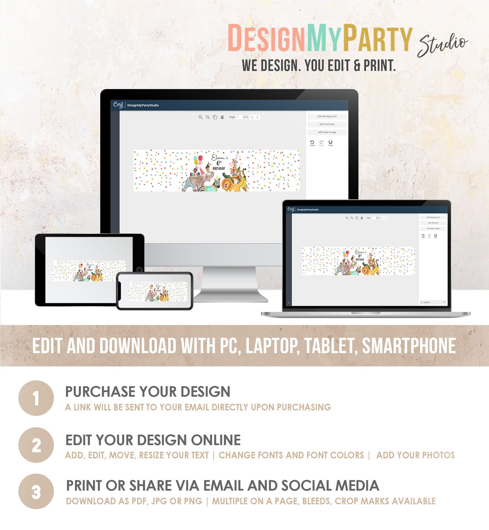 Editable Water Bottle Labels Party Animals Birthday Wild One Birthday Decor Safari Animals Bottle Wrapper Digital Template Printable 0482