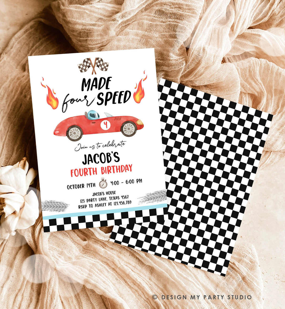 Editable Made Four Speed Race Car 4th Birthday Invitation Boy Red Fourth Birthday Racing Party Made 4 Speed Digital Template Printable 0424