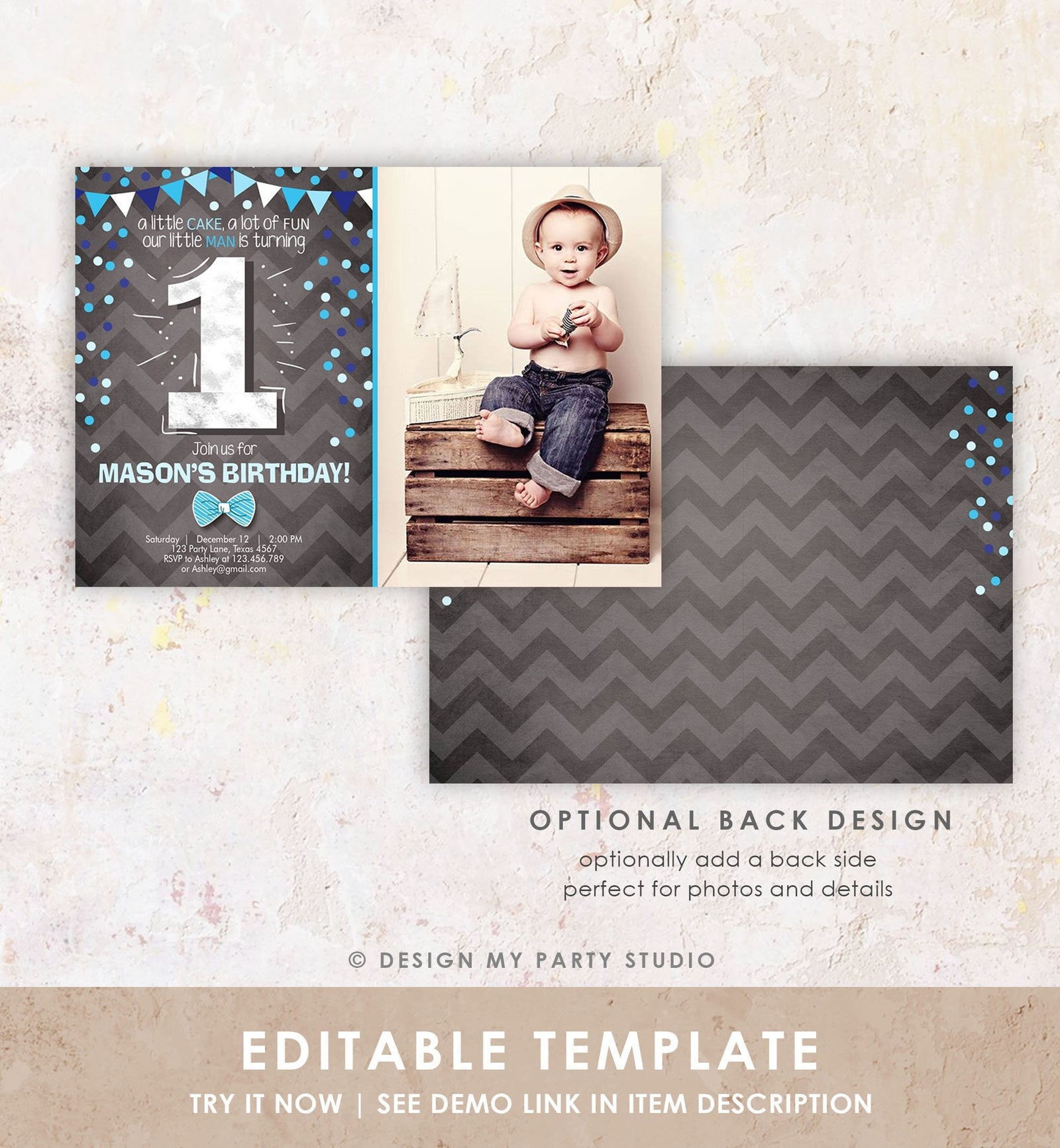 Editable First Birthday Invitation Boy One Navy Blue Chalk Confetti Boy 1st Birthday Download Printable Invitation Template Digital 0071