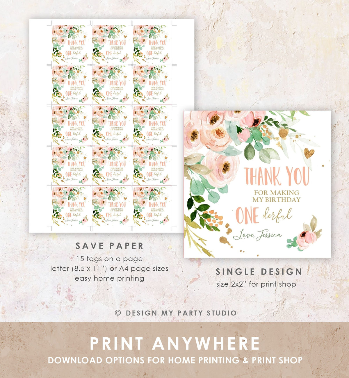 Editable Floral Favor tags Little Miss Onederful Birthday Thank you tag Girl Pink and Gold Peonies Flowers tags PRINTABLE Sticker 0147