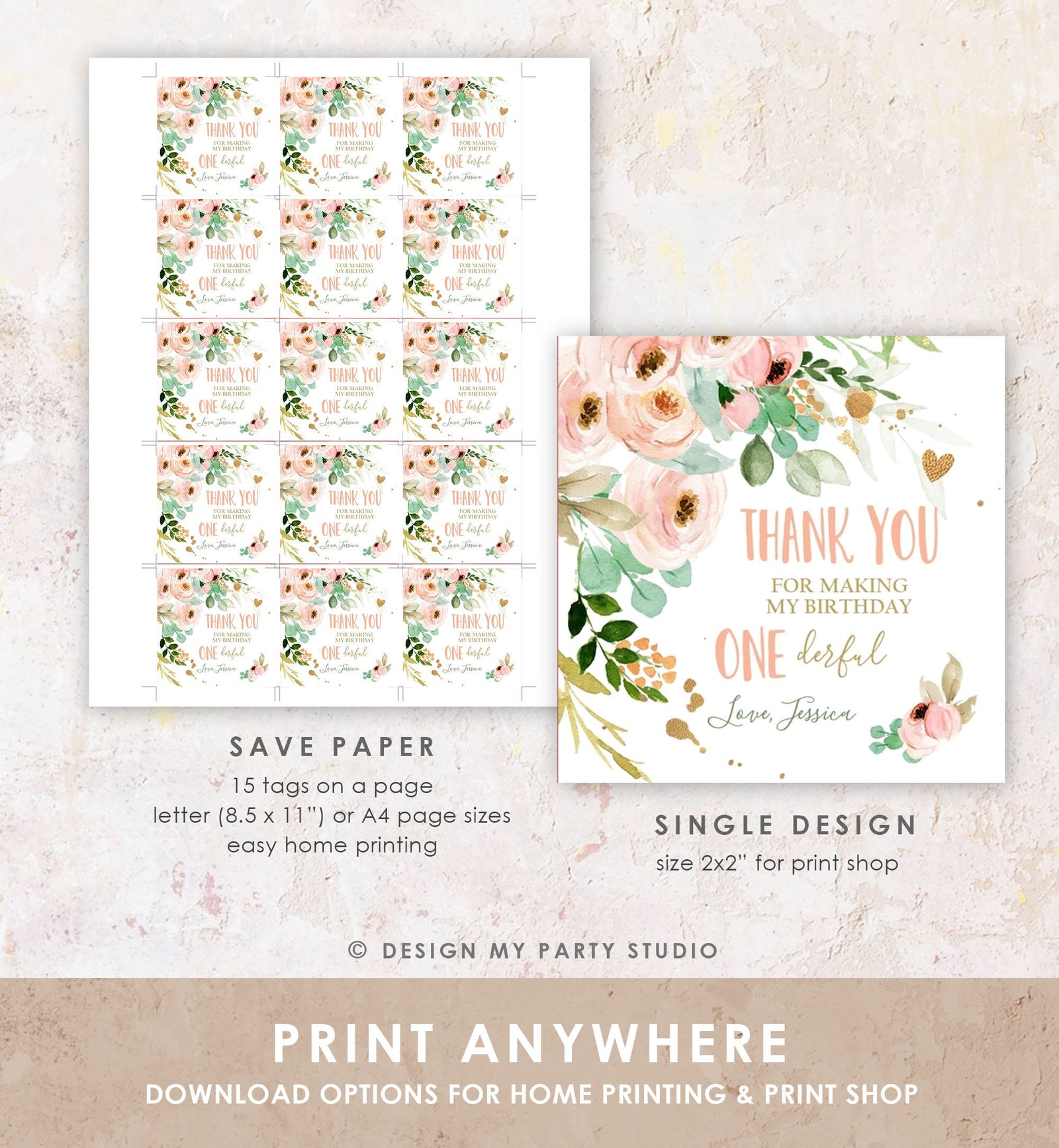 Editable Floral Favor tags Little Miss Onederful Birthday Thank you tag Girl Pink and Gold Peonies Flowers tags PRINTABLE Sticker 0147