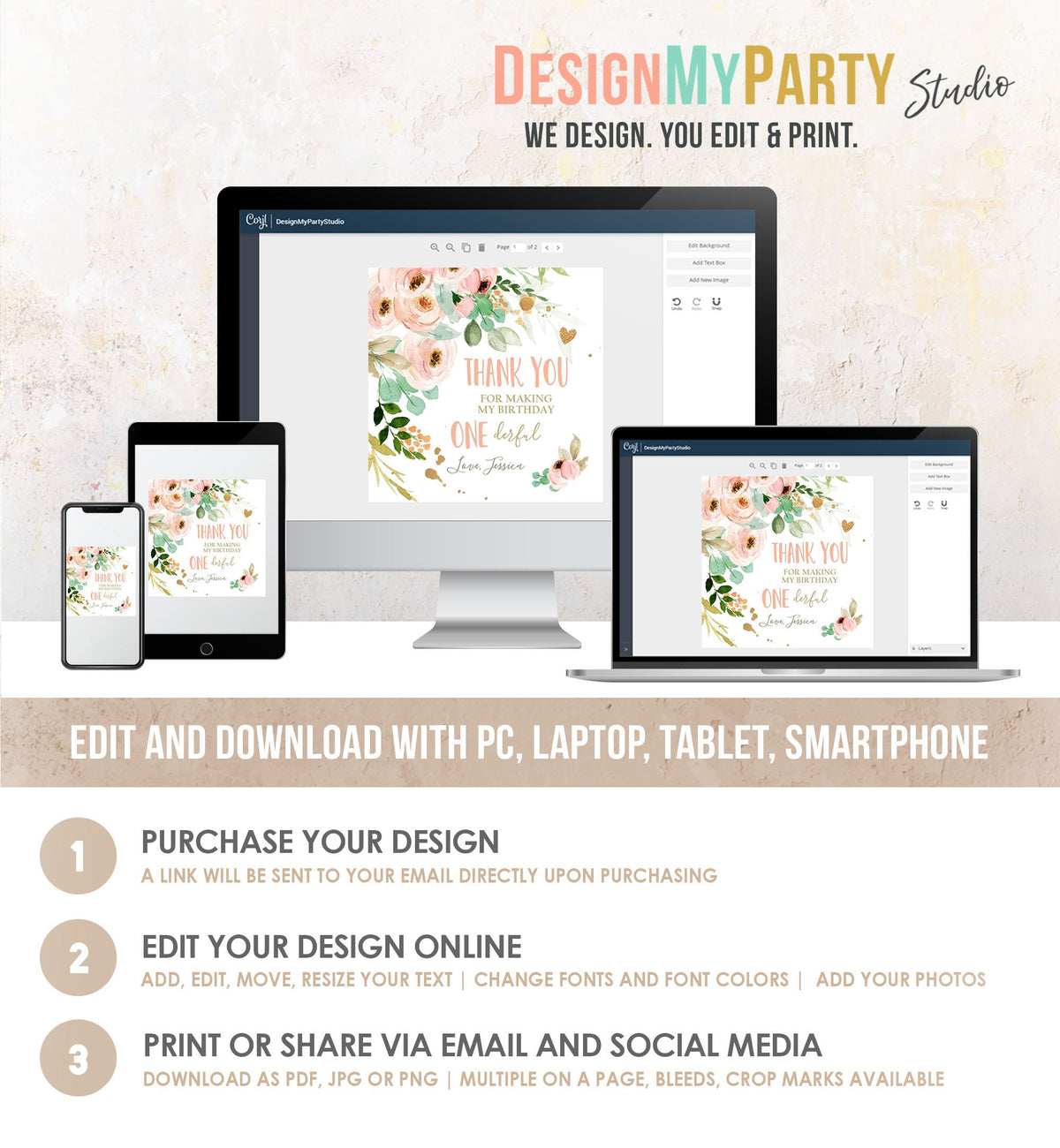 Editable Floral Favor tags Little Miss Onederful Birthday Thank you tag Girl Pink and Gold Peonies Flowers tags PRINTABLE Sticker 0147