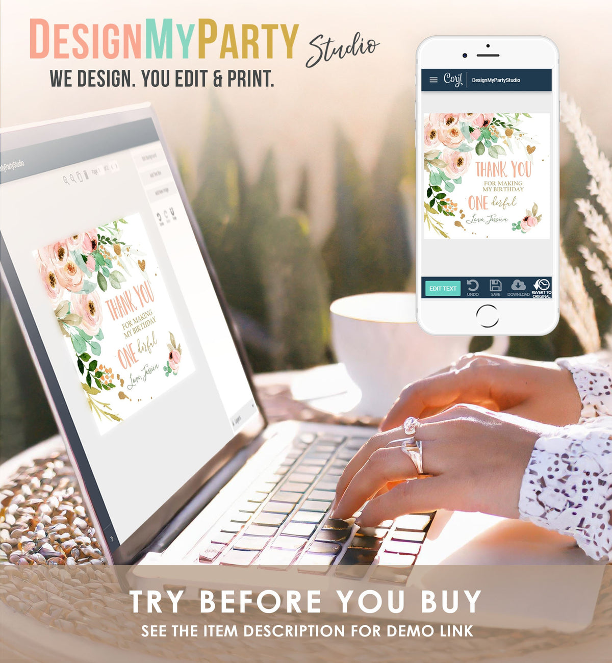 Editable Floral Favor tags Little Miss Onederful Birthday Thank you tag Girl Pink and Gold Peonies Flowers tags PRINTABLE Sticker 0147