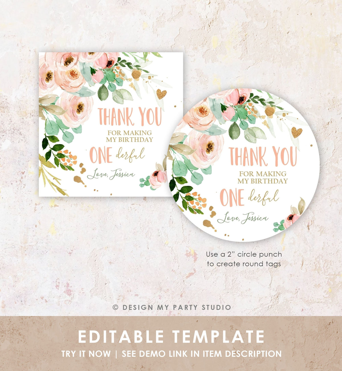 Editable Floral Favor tags Little Miss Onederful Birthday Thank you tag Girl Pink and Gold Peonies Flowers tags PRINTABLE Sticker 0147