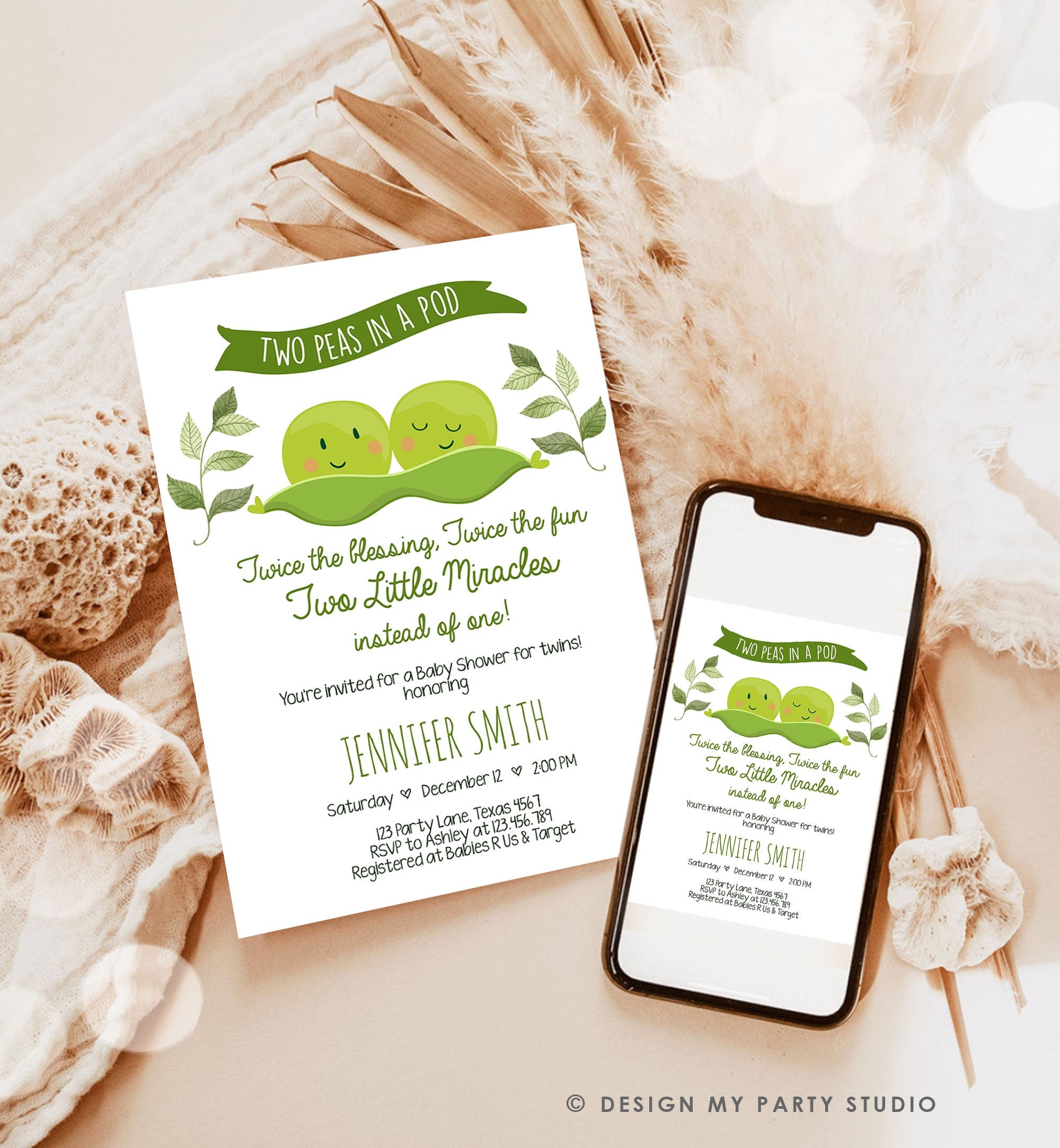 Editable Twin Baby Shower Invitation Two Peas In a Pod Baby Shower Green Neutral Invitation Sweet Pea Template Download Digital Evite 0020