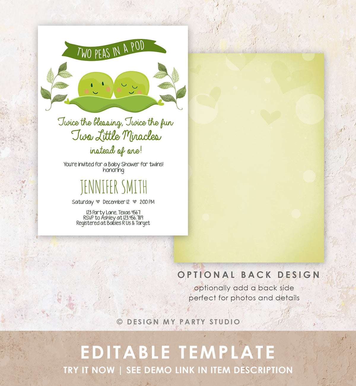 Editable Twin Baby Shower Invitation Two Peas In a Pod Baby Shower Green Neutral Invitation Sweet Pea Template Download Digital Evite 0020