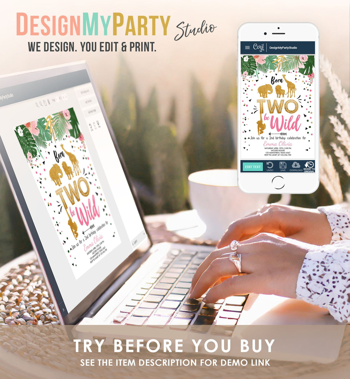 Editable Born Two Be Wild Birthday Invitation Girl Animals Jungle Safari Pink Gold 2nd Birthday Digital Download Template Printable 0016