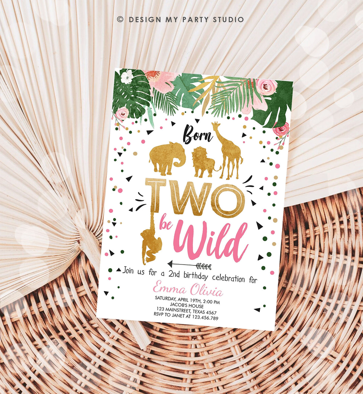Editable Born Two Be Wild Birthday Invitation Girl Animals Jungle Safari Pink Gold 2nd Birthday Digital Download Template Printable 0016