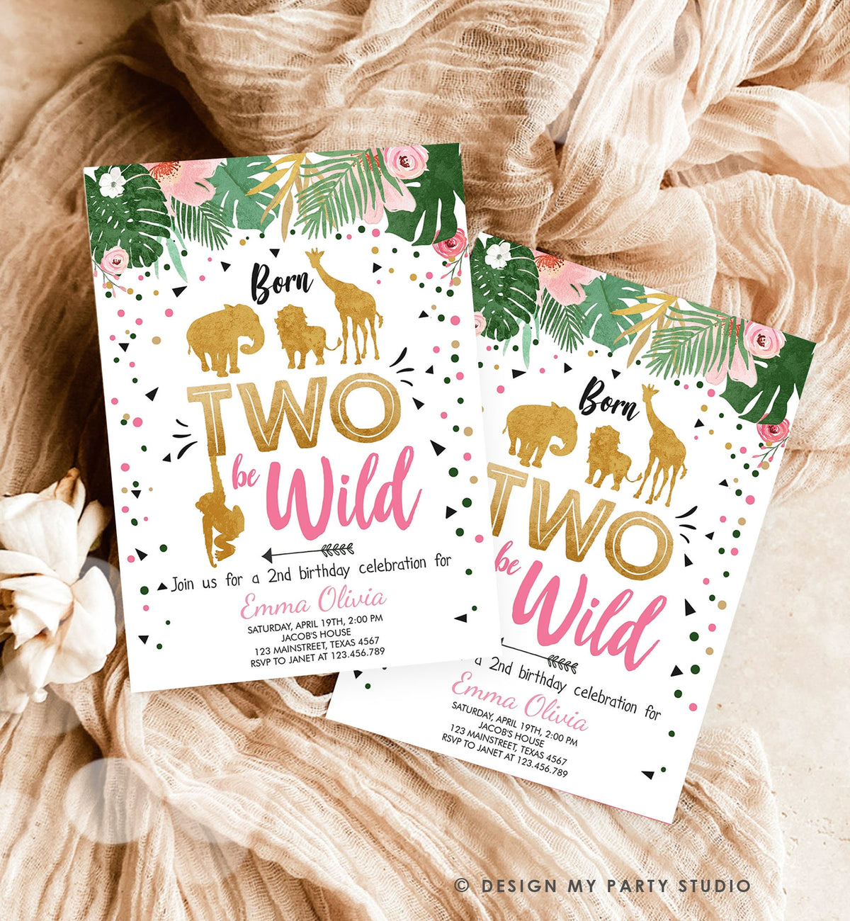 Editable Born Two Be Wild Birthday Invitation Girl Animals Jungle Safari Pink Gold 2nd Birthday Digital Download Template Printable 0016