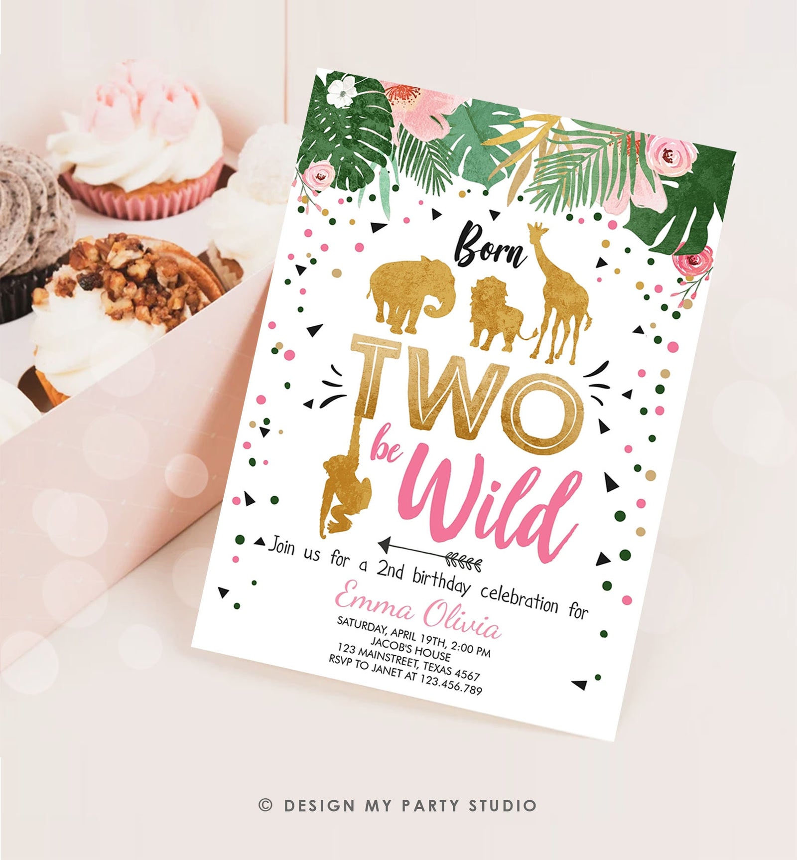 Editable Born Two Be Wild Birthday Invitation Girl Animals Jungle Safari Pink Gold 2nd Birthday Digital Download Template Printable 0016