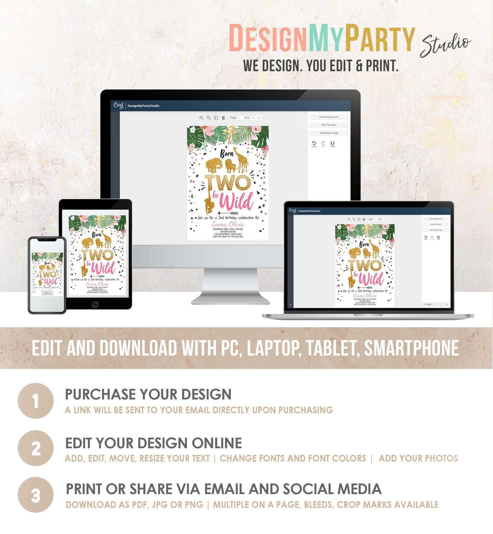 Editable Born Two Be Wild Birthday Invitation Girl Animals Jungle Safari Pink Gold 2nd Birthday Digital Download Template Printable 0016