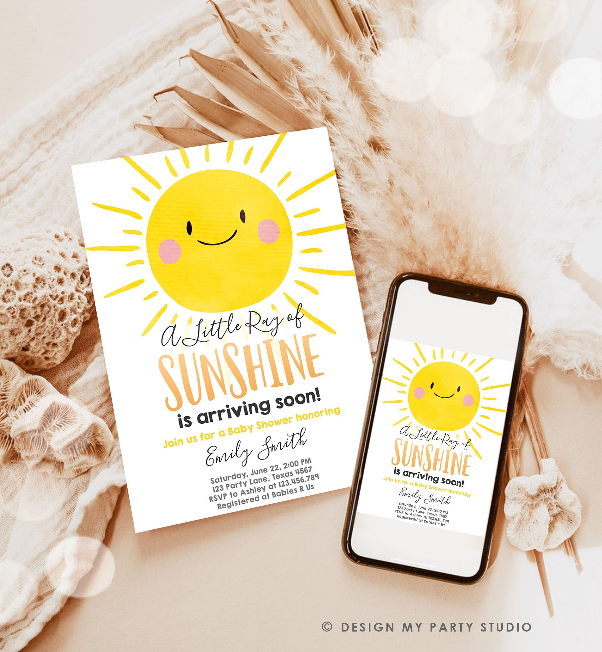 Editable Sunshine Baby Shower Invitation A Ray of Sunshine Little Sunshine Gender Neutral Digital Download Evite Template Printable 0141
