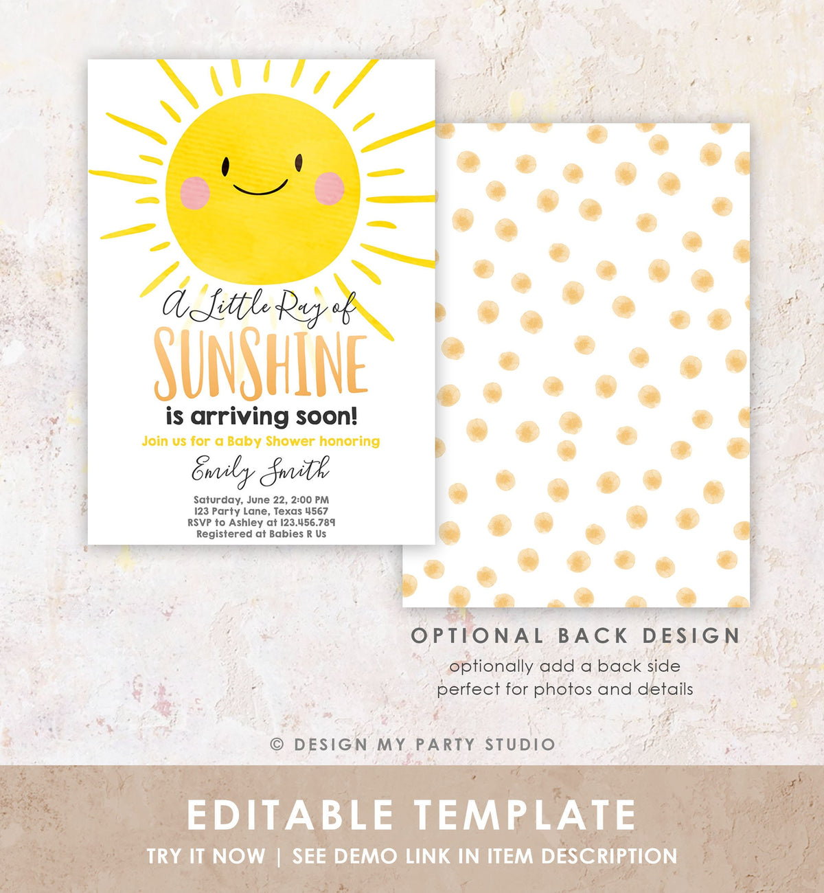 Editable Sunshine Baby Shower Invitation A Ray of Sunshine Little Sunshine Gender Neutral Digital Download Evite Template Printable 0141