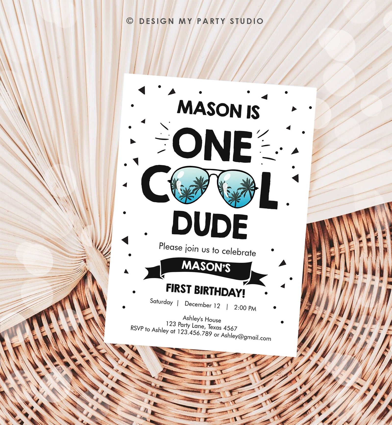 Editable One Cool Dude 1st Birthday Invitation Boy First Birthday Sunglasses Palm Tropical Pool Digital Evite Template Printable 0136