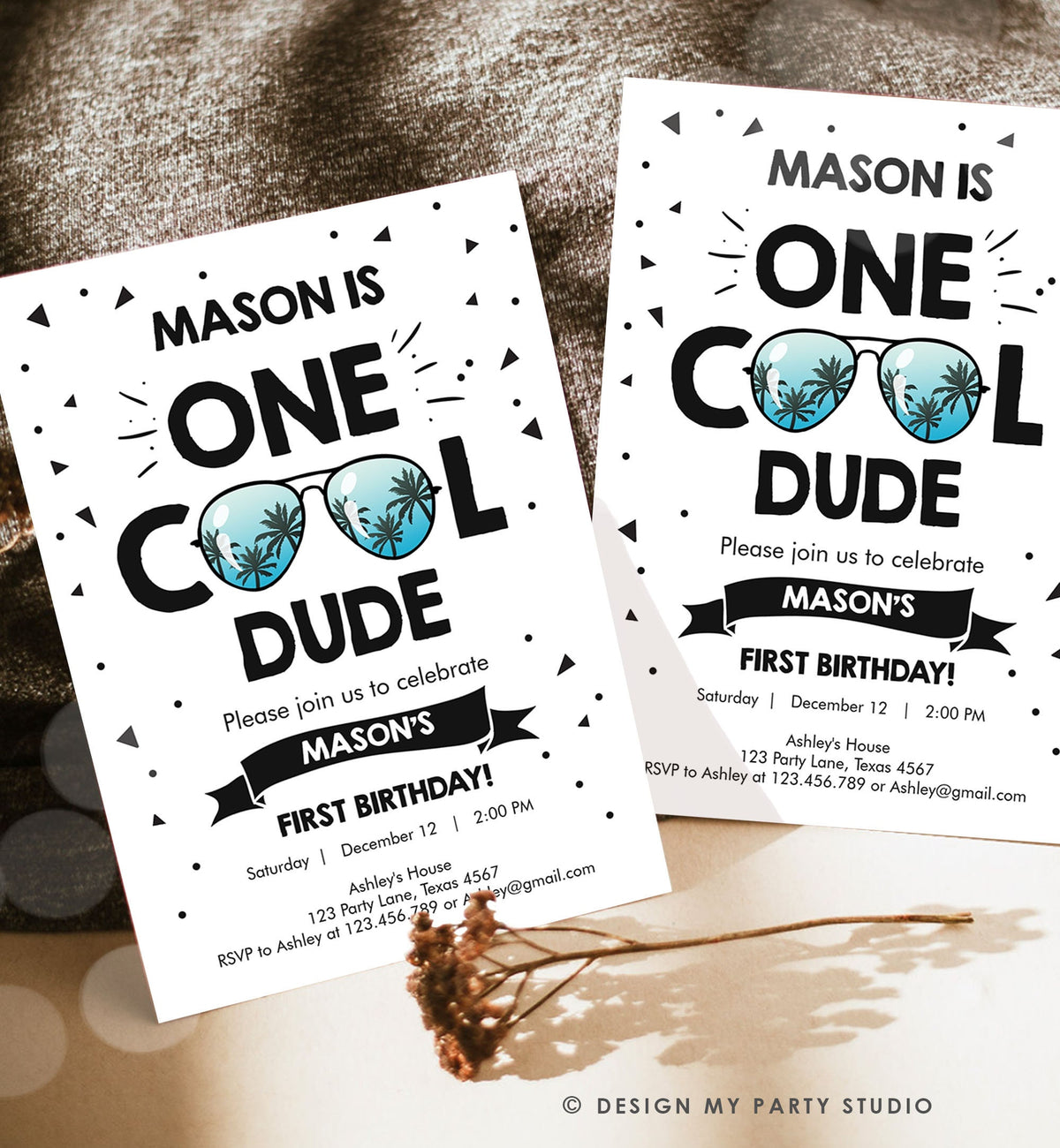 Editable One Cool Dude 1st Birthday Invitation Boy First Birthday Sunglasses Palm Tropical Pool Digital Evite Template Printable 0136