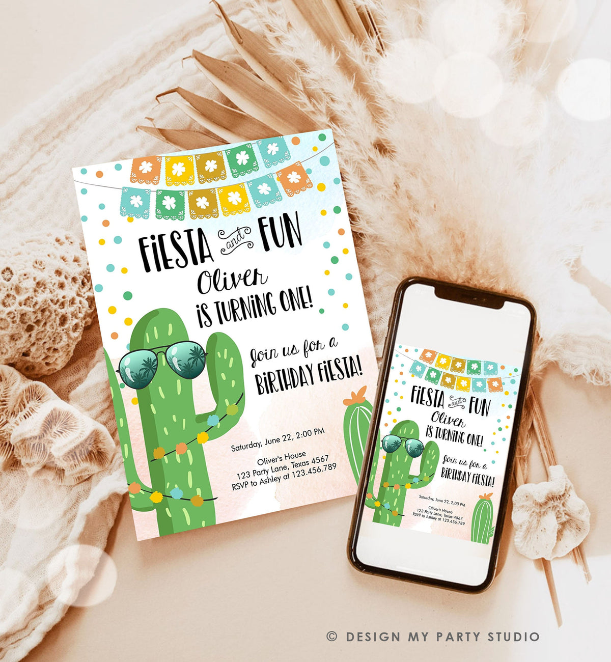 Editable Fiesta and Fun Birthday Invitation First Fiesta Cactus Sunglasses Blue Boy ANY AGE Digital Download Evite Template Printable 0135