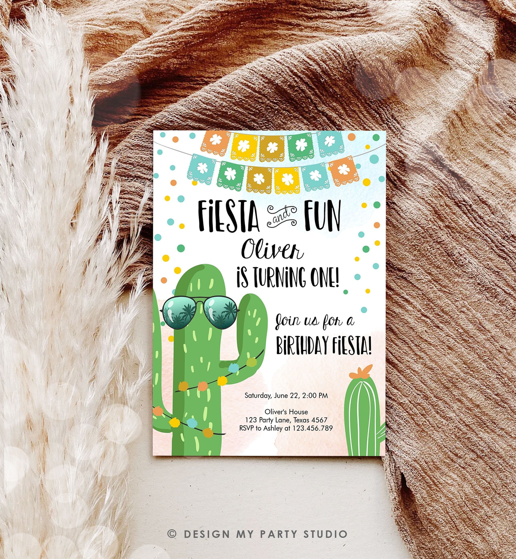 Editable Fiesta and Fun Birthday Invitation First Fiesta Cactus Sunglasses Blue Boy ANY AGE Digital Download Evite Template Printable 0135