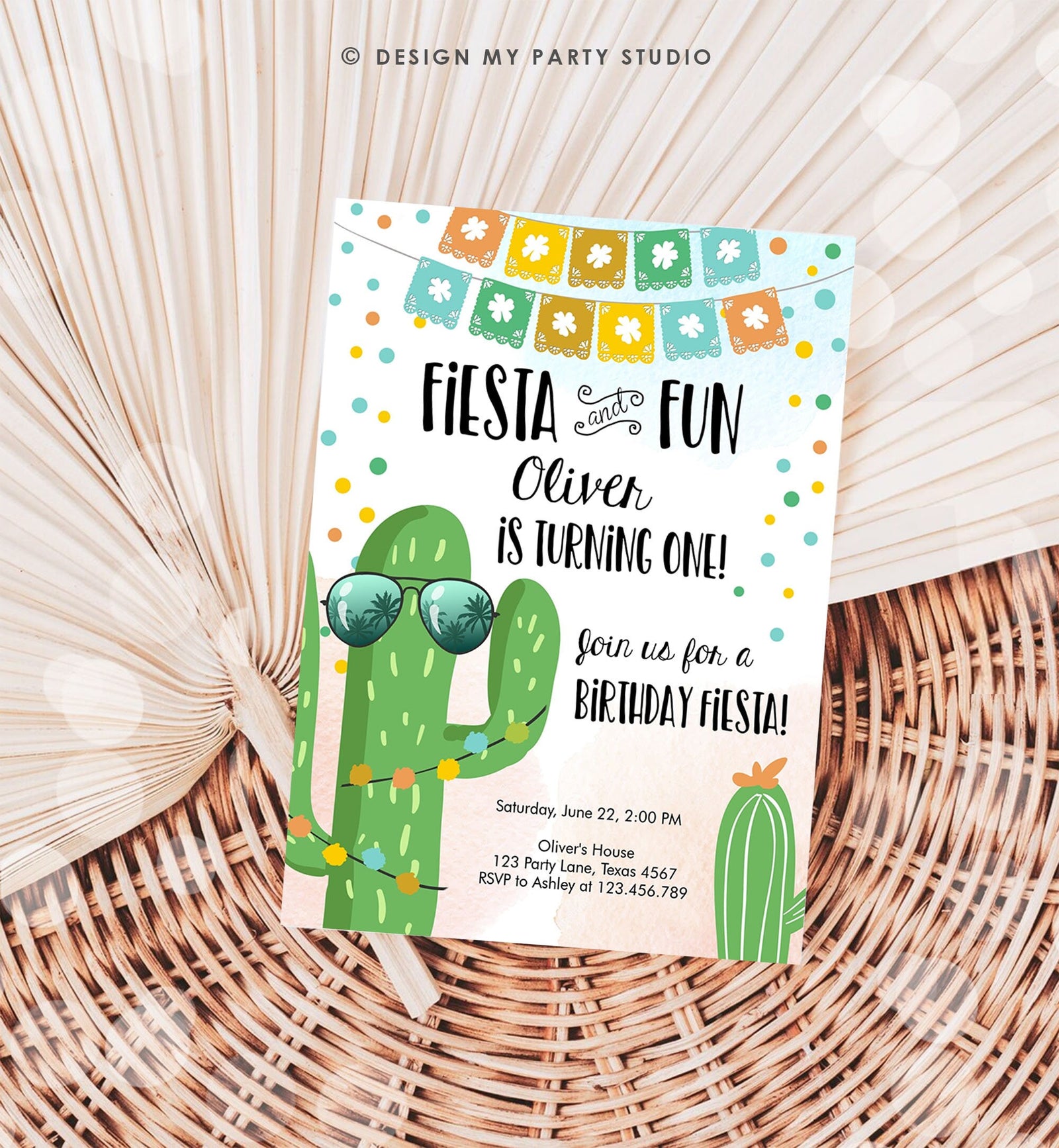Editable Fiesta and Fun Birthday Invitation First Fiesta Cactus Sunglasses Blue Boy ANY AGE Digital Download Evite Template Printable 0135