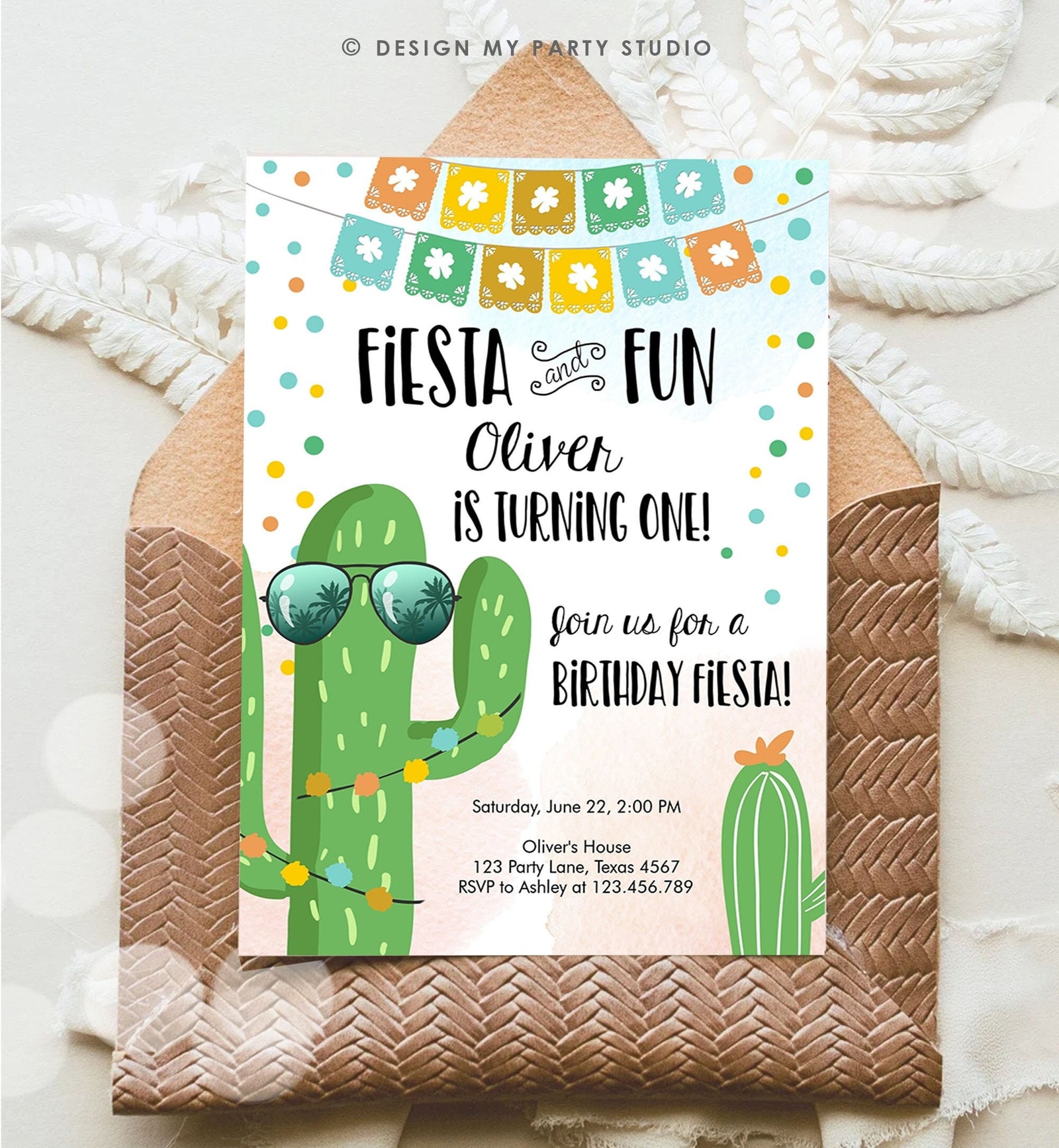 Editable Fiesta and Fun Birthday Invitation First Fiesta Cactus Sunglasses Blue Boy ANY AGE Digital Download Evite Template Printable 0135