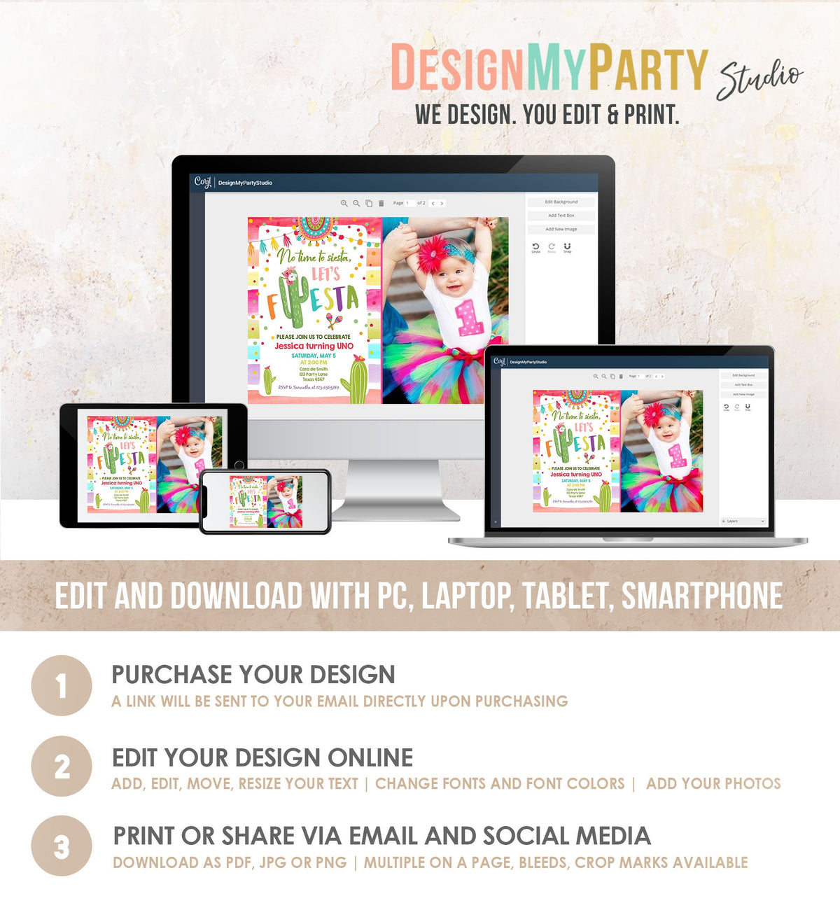 Editable Let&#39;s Fiesta Birthday Invitation Cactus Succulent First Birthday Party Girl 1st Mexican Uno Digigtal Evite Template Printable 0134