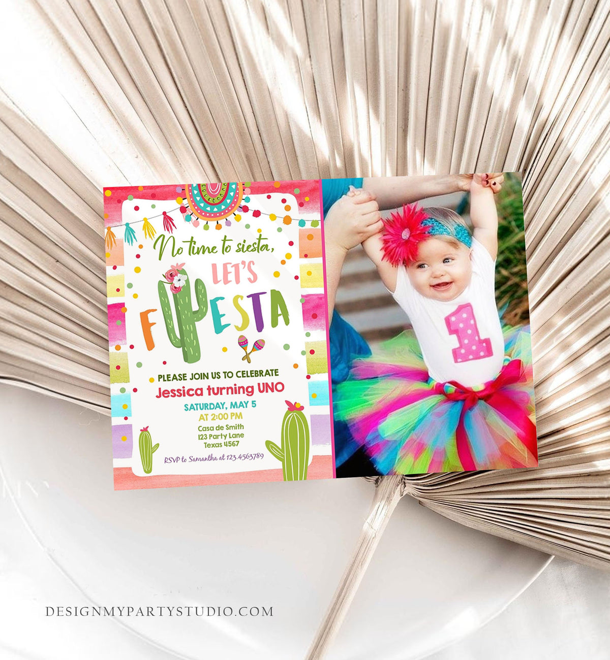 Editable Let&#39;s Fiesta Birthday Invitation Cactus Succulent First Birthday Party Girl 1st Mexican Uno Digigtal Evite Template Printable 0134