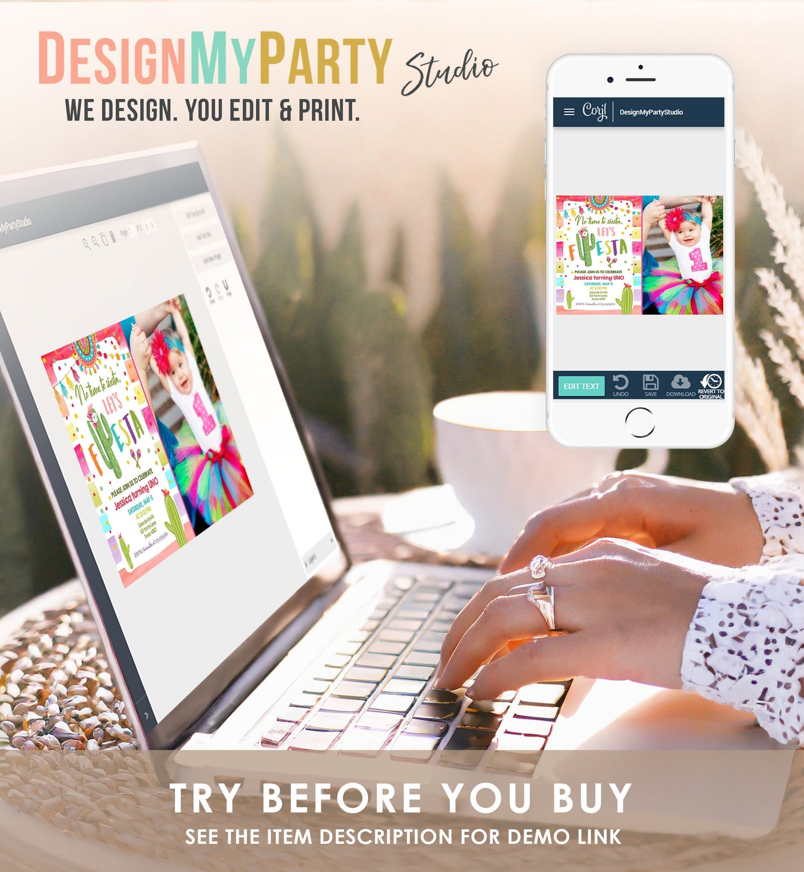 Editable Let's Fiesta Birthday Invitation Cactus Succulent First Birthday Party Girl 1st Mexican Uno Digigtal Evite Template Printable 0134