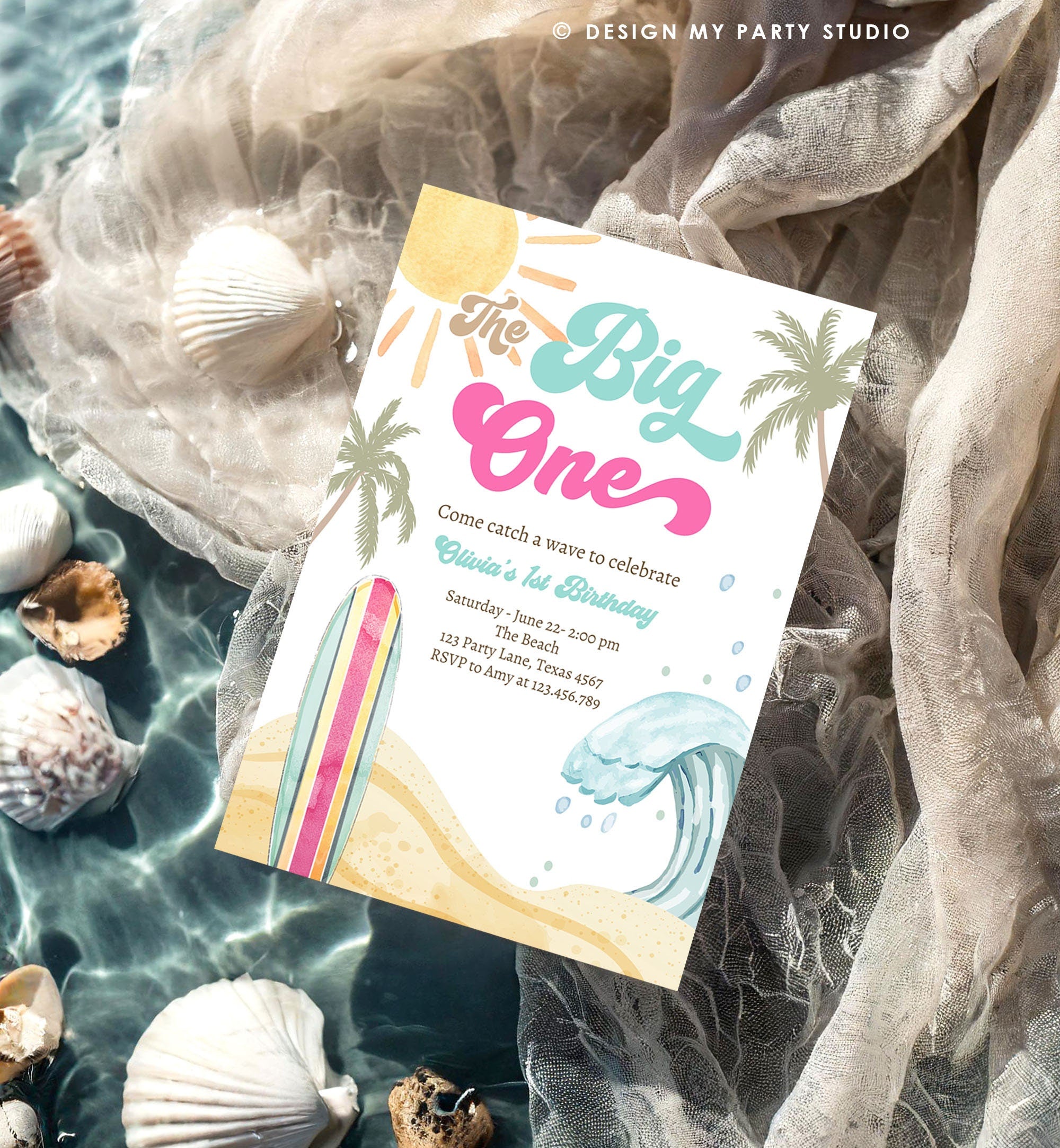 Editable The Big One Surf 1st Birthday Invitation Retro Surfboard Beach Party Girl Pink Surfer Boho Digital Download Template Printable 0433