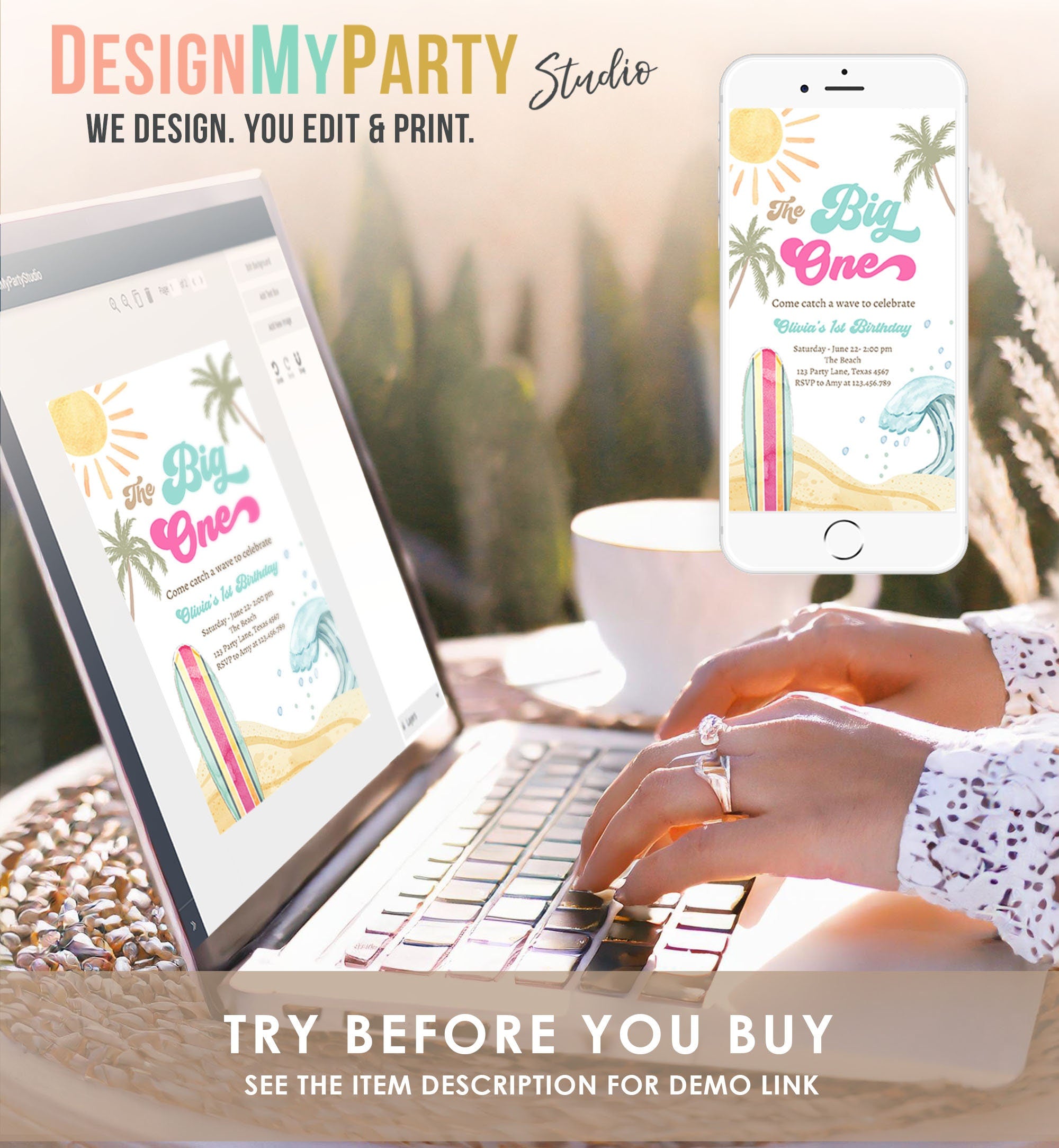 Editable The Big One Surf 1st Birthday Invitation Retro Surfboard Beach Party Wave Surfer Boho Girl Evite Digital Download Template 0433