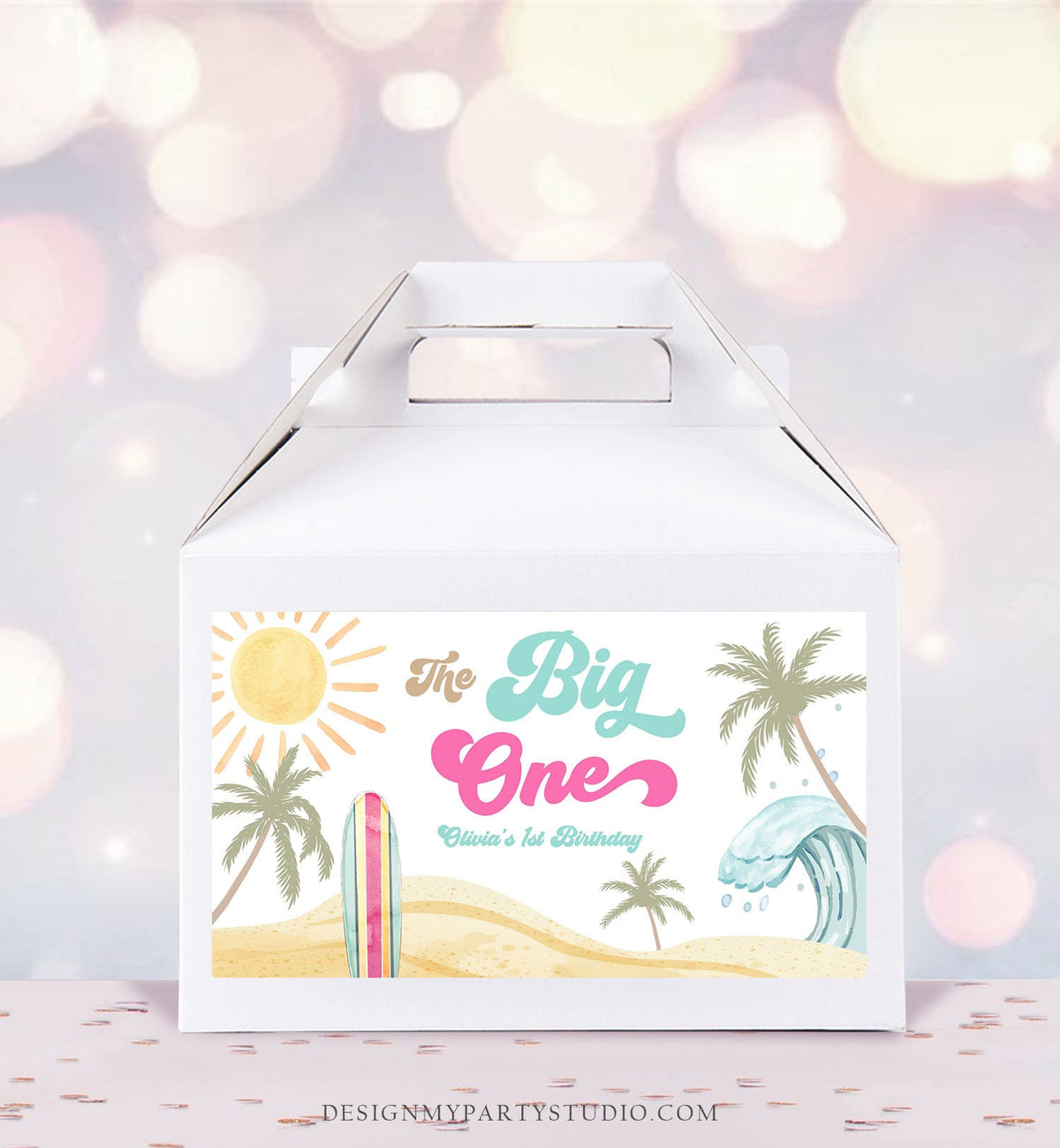 Editable Surf Gable Box Favor Label Surf Birthday Favor Box Girl The Big One Retro Surfboard 1st Digital Download Template Printable 0433