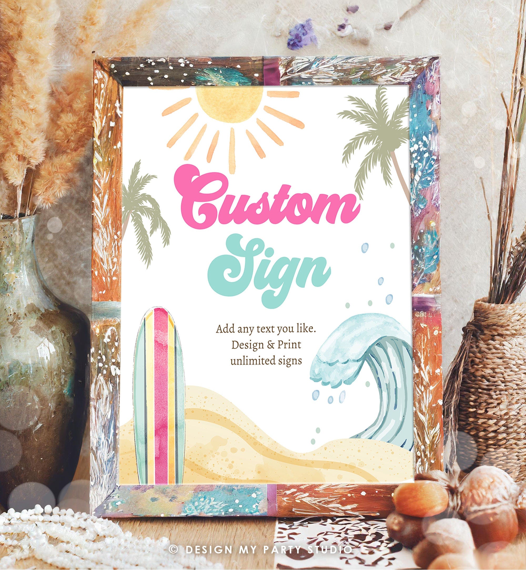 Editable Custom Sign Surf Birthday Party Sign Girl The Big One Surfing Birthday Sign Beach Party Retro Wave Digital Template Printable 0433