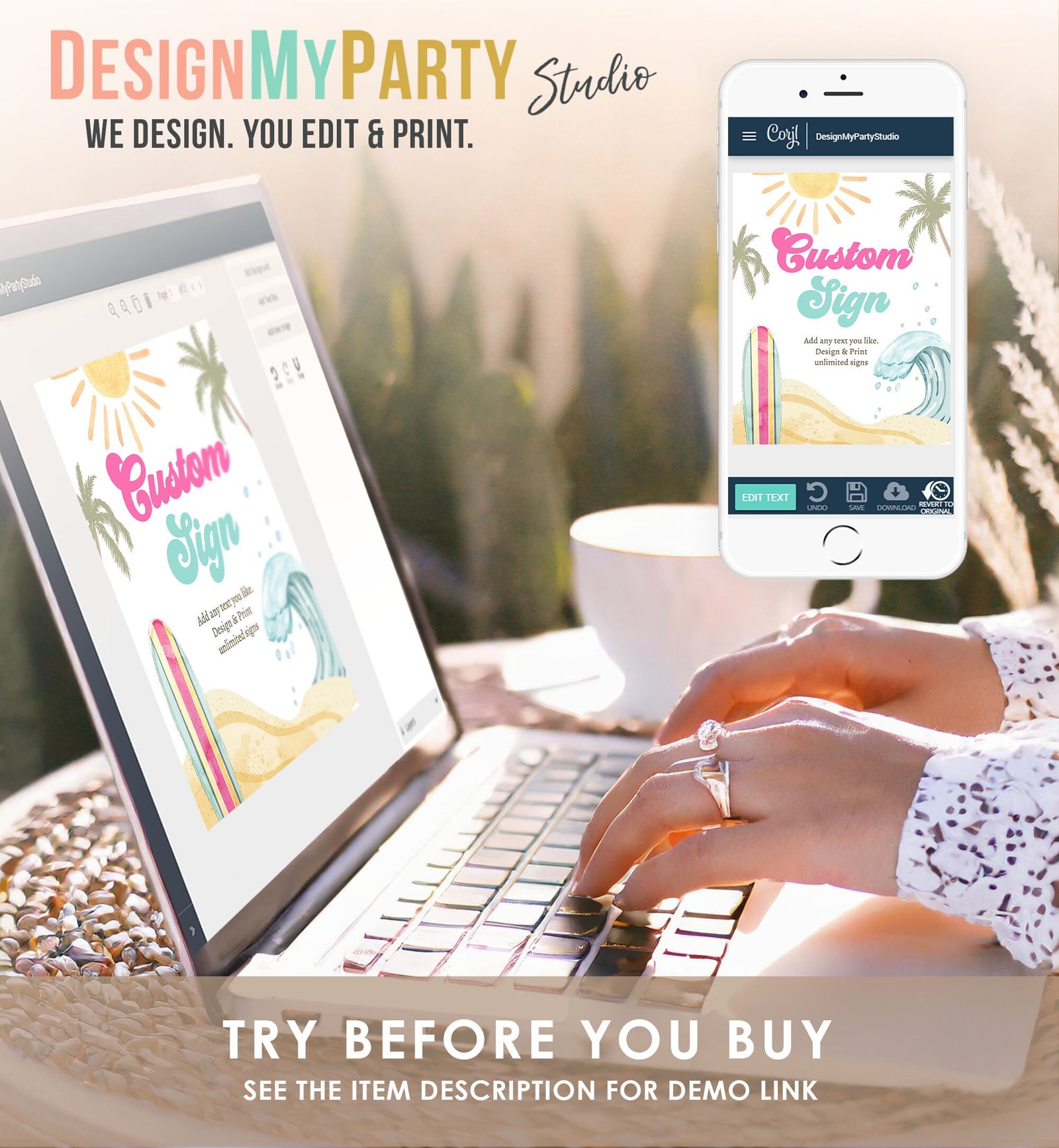 Editable Custom Sign Surf Birthday Party Sign Girl The Big One Surfing Birthday Sign Beach Party Retro Wave Digital Template Printable 0433