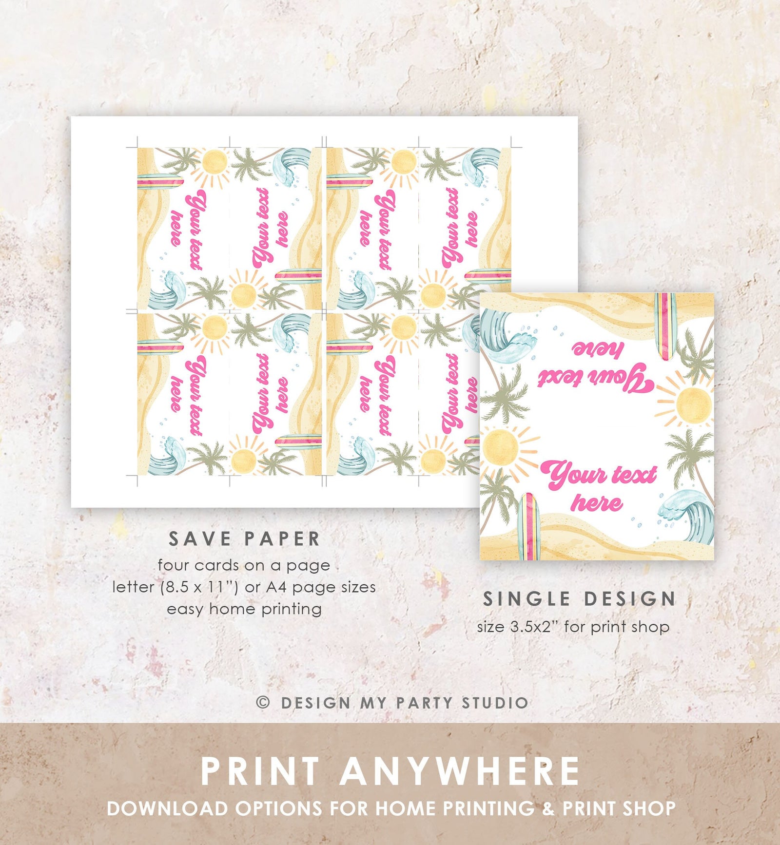 Editable Surf Food Labels Surfboard Birthday Place Card Tent Buffet Beach Party The Big One Retro Girl Decor Digital Template Printable 0433