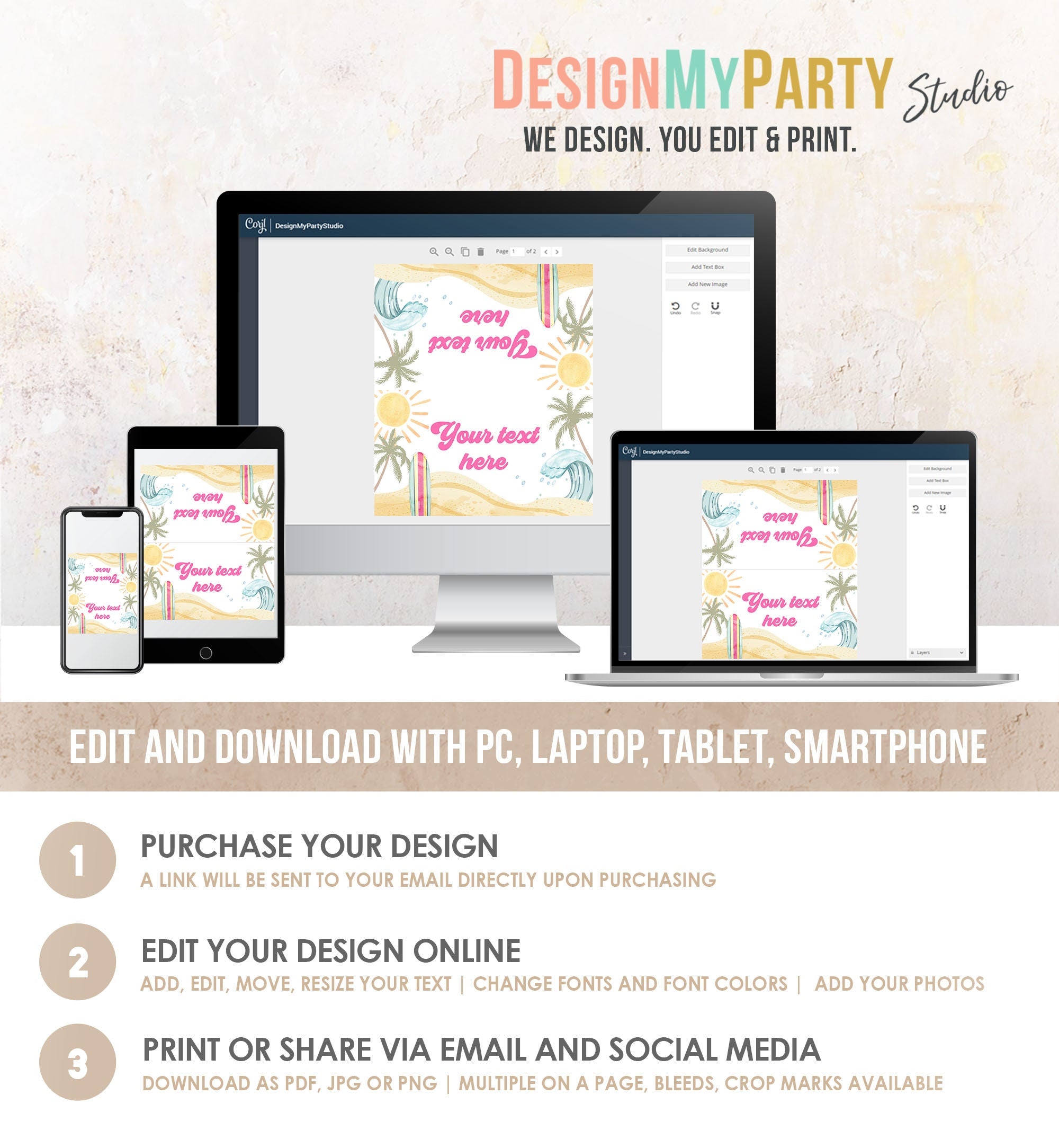 Editable Surf Food Labels Surfboard Birthday Place Card Tent Buffet Beach Party The Big One Retro Girl Decor Digital Template Printable 0433