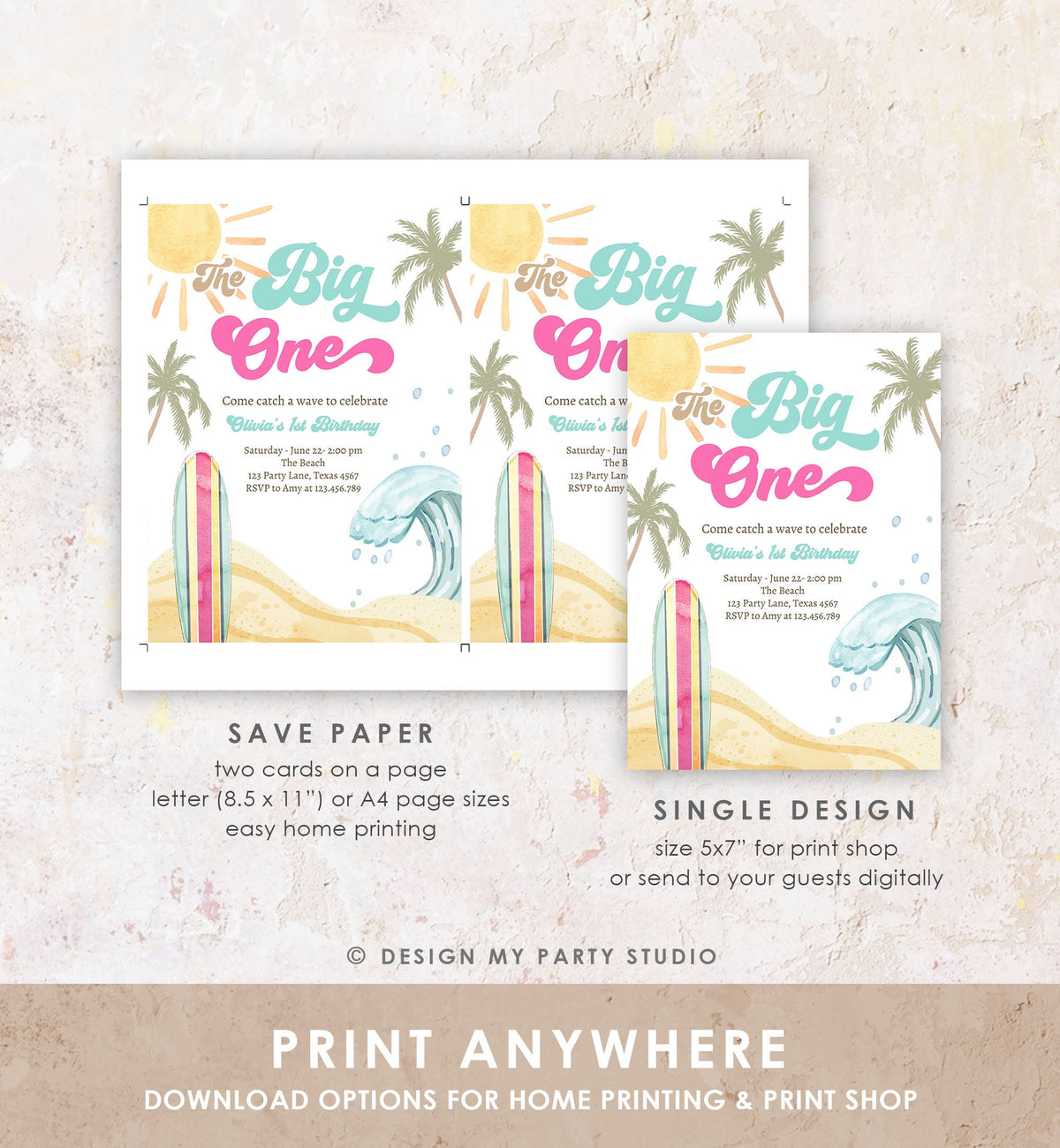 Editable The Big One Surf 1st Birthday Invitation Retro Surfboard Beach Party Girl Pink Surfer Boho Digital Download Template Printable 0433