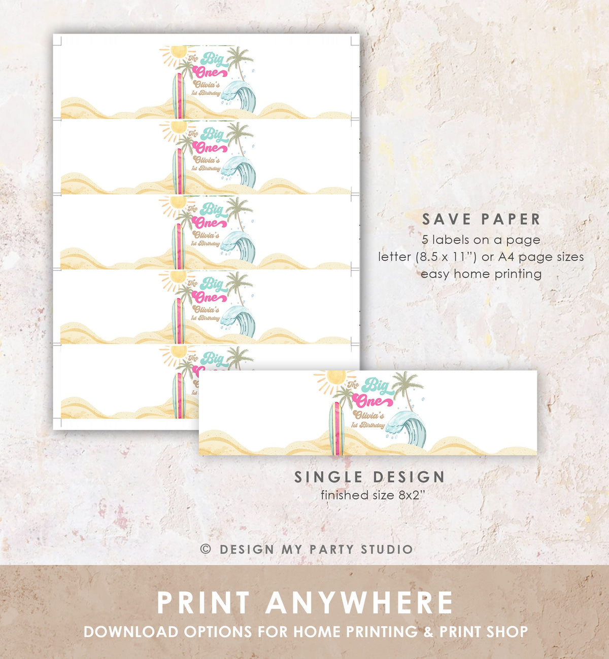 Editable Surf Water Bottle Label The Big One Party Decor Surf 1st Birthday Retro Girl Surfboard Digital Download Template Printable 0433