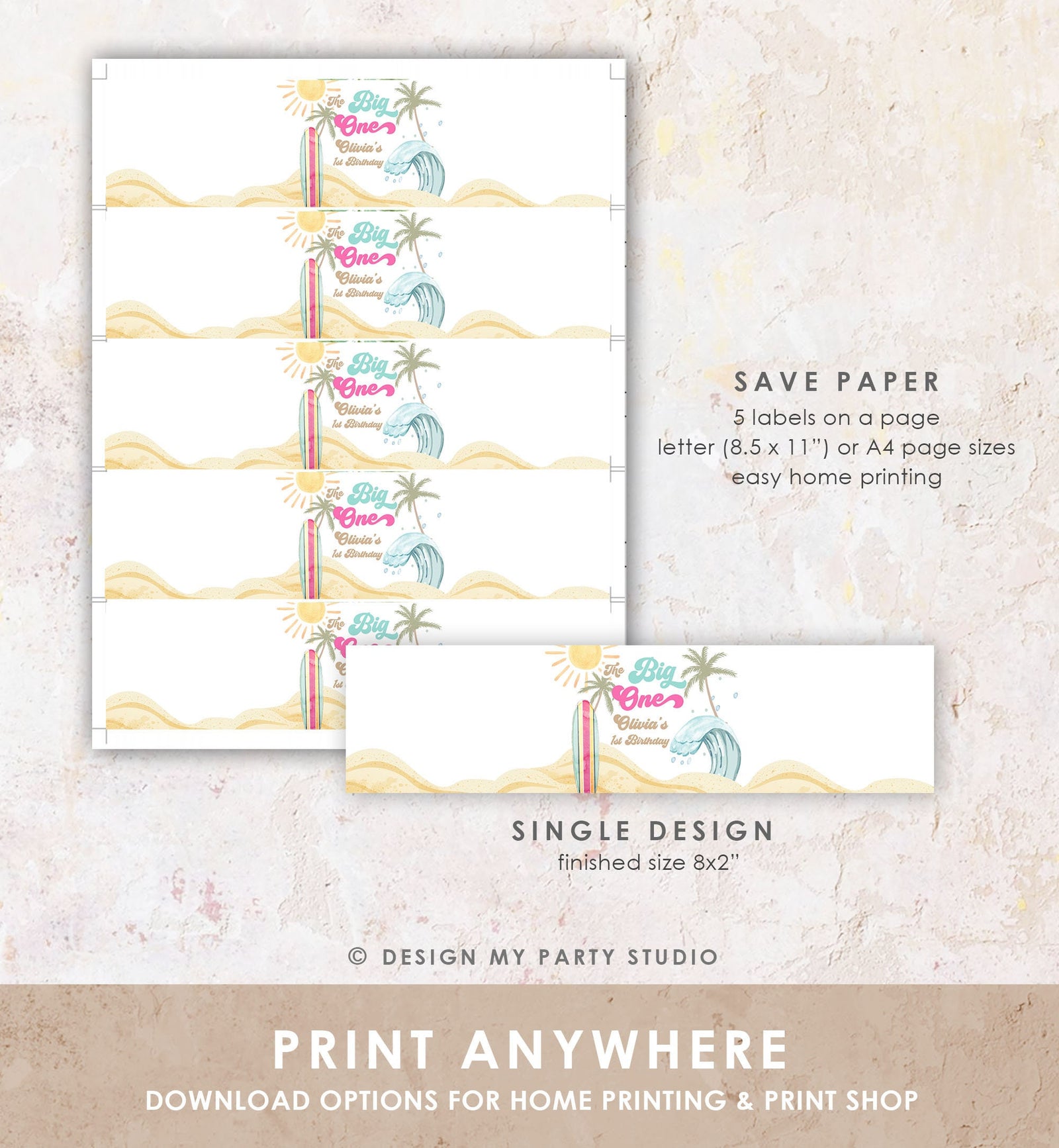 Editable Surf Water Bottle Label The Big One Party Decor Surf 1st Birthday Retro Girl Surfboard Digital Download Template Printable 0433