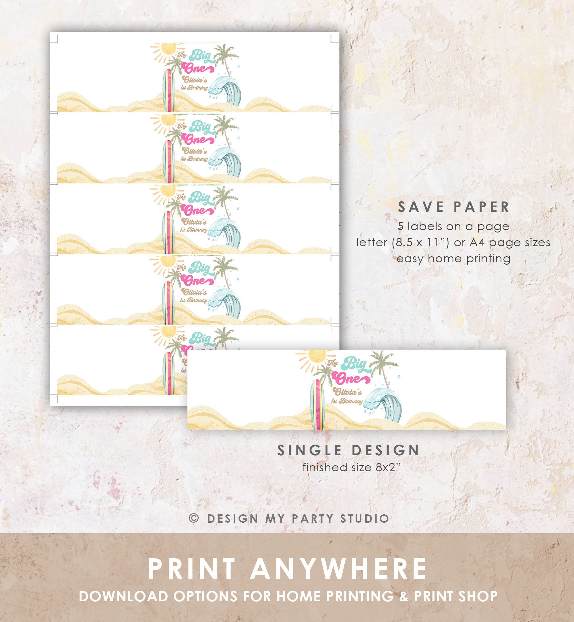 Editable Surf Water Bottle Label The Big One Party Decor Surf 1st Birthday Retro Girl Surfboard Digital Download Template Printable 0433