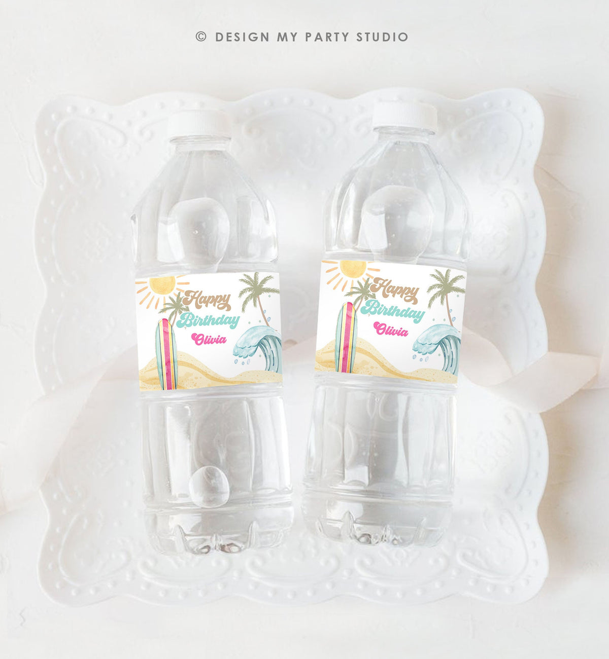 Editable Surf Water Bottle Label The Big One Party Decor Surf 1st Birthday Retro Girl Surfboard Digital Download Template Printable 0433