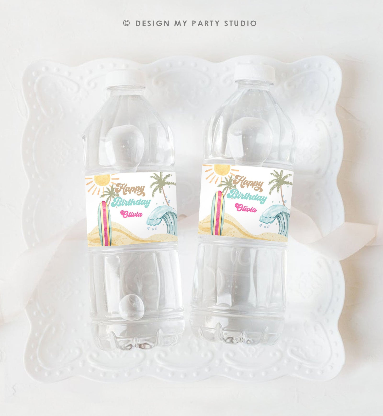Editable Surf Water Bottle Label The Big One Party Decor Surf 1st Birthday Retro Girl Surfboard Digital Download Template Printable 0433